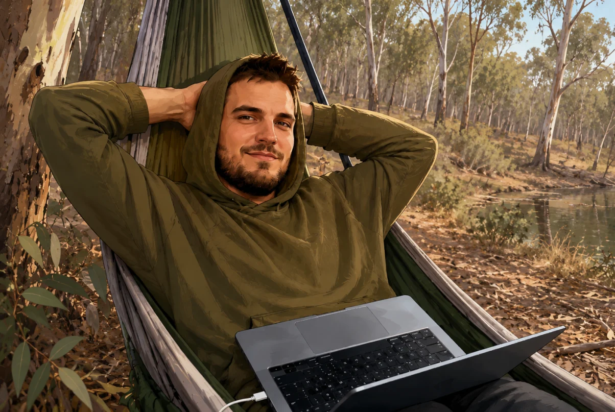 Illustration of Patchly’s founder working on a laptop from a hammock in the bush.