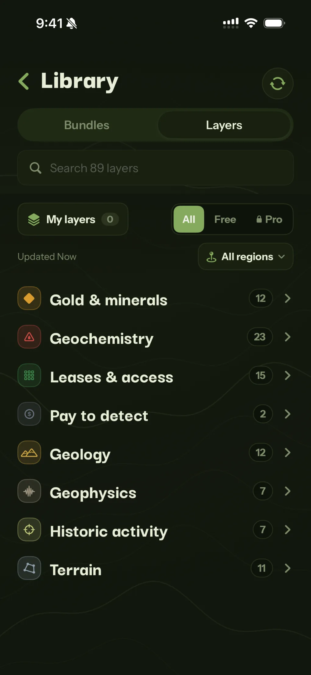 Patchly Library, Layers tab, listing layer groups from gold and minerals to geology and terrain.