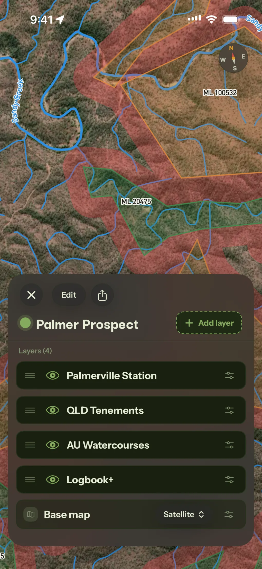 The Palmer Prospect Stack over a geology map, layering Palmerville Station, QLD Tenements, watercourses and Logbook+ over a satellite base.