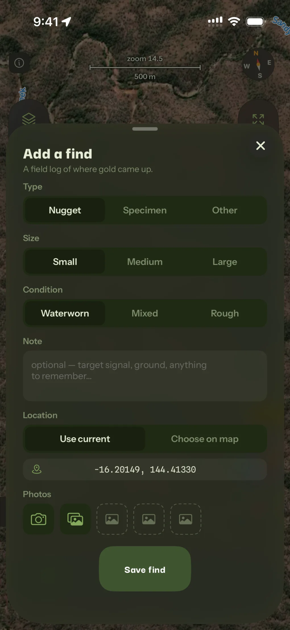 Patchly Add a find sheet with nugget selected, size and condition scales, note, location and photo controls.