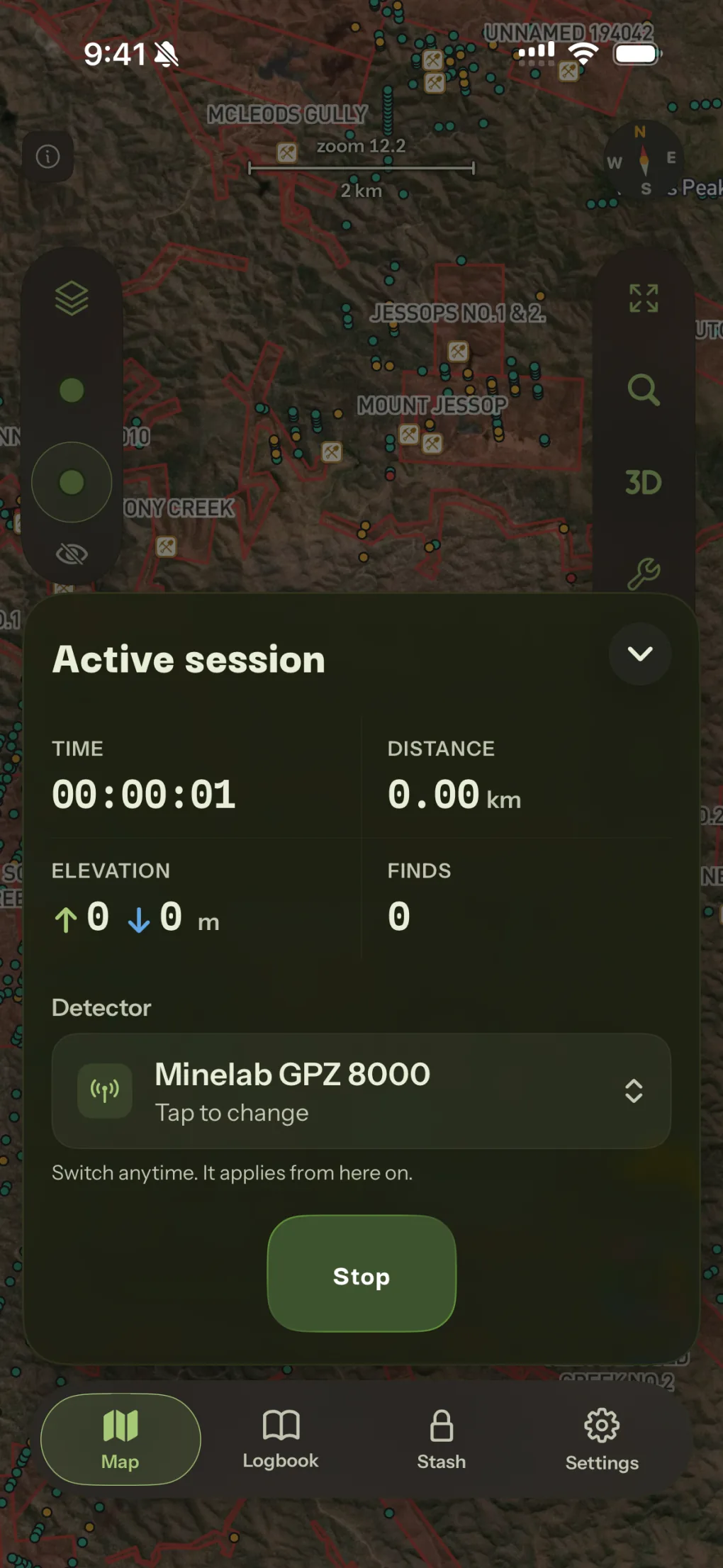 Active session card showing time, distance, elevation and find count, with a Minelab GPZ 8000 selected and a Stop control.