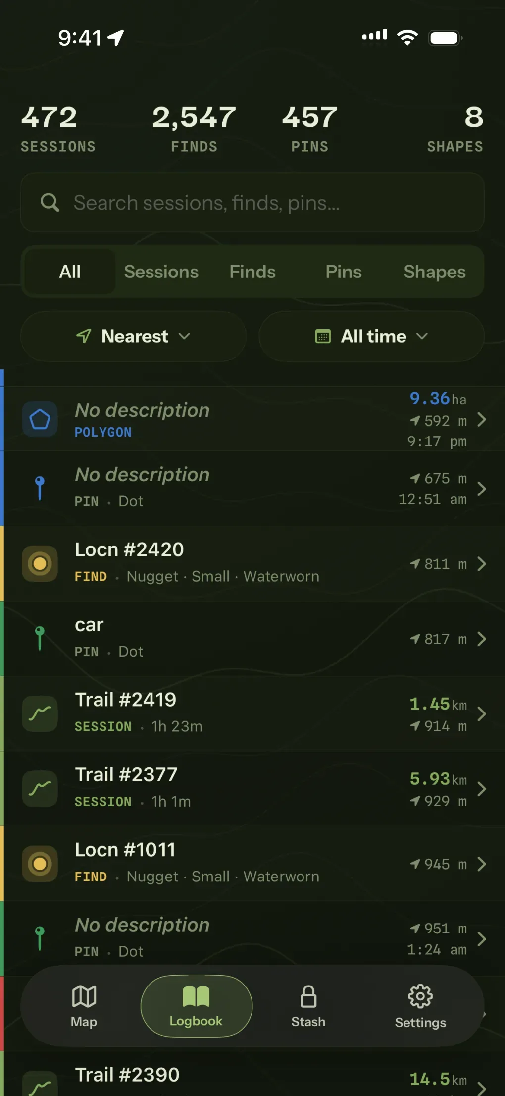 Patchly Logbook listing hundreds of sessions, finds and pins, with search, filters and sorting.