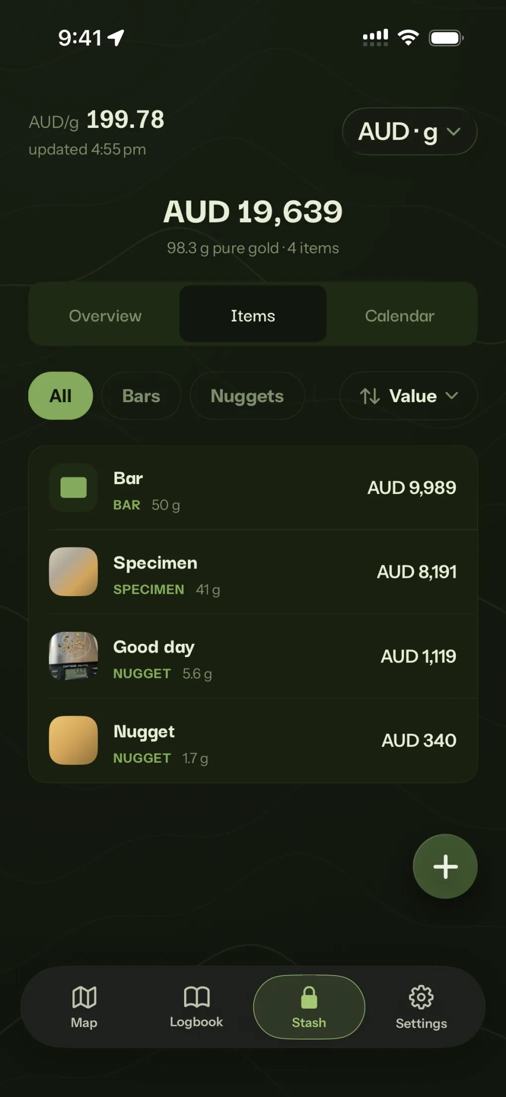 Patchly Stash Items view valuing fictional bars, nuggets and specimens in Australian dollars, with the live gold price at the top.