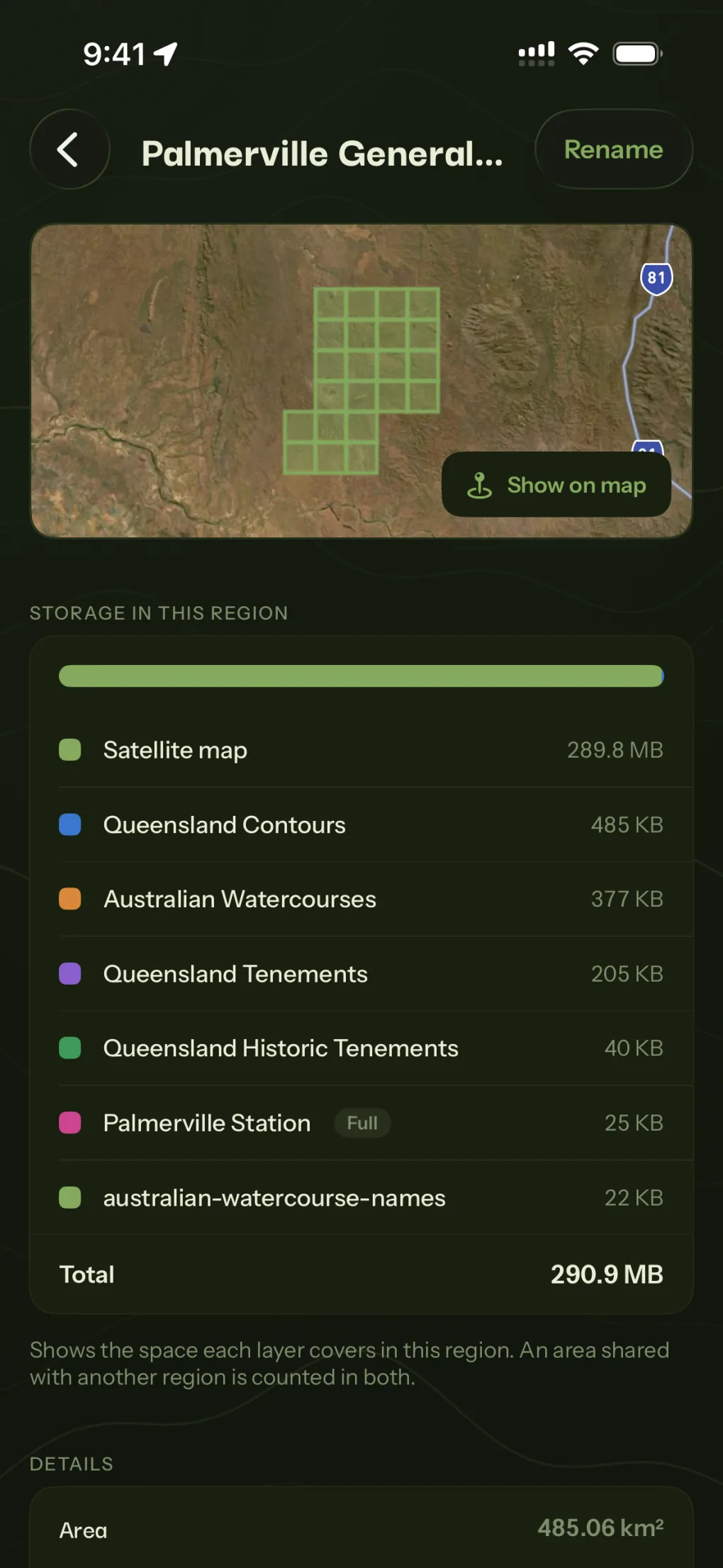 An offline region's storage breakdown, listing the satellite map, contours, watercourses and tenement layers it carries.