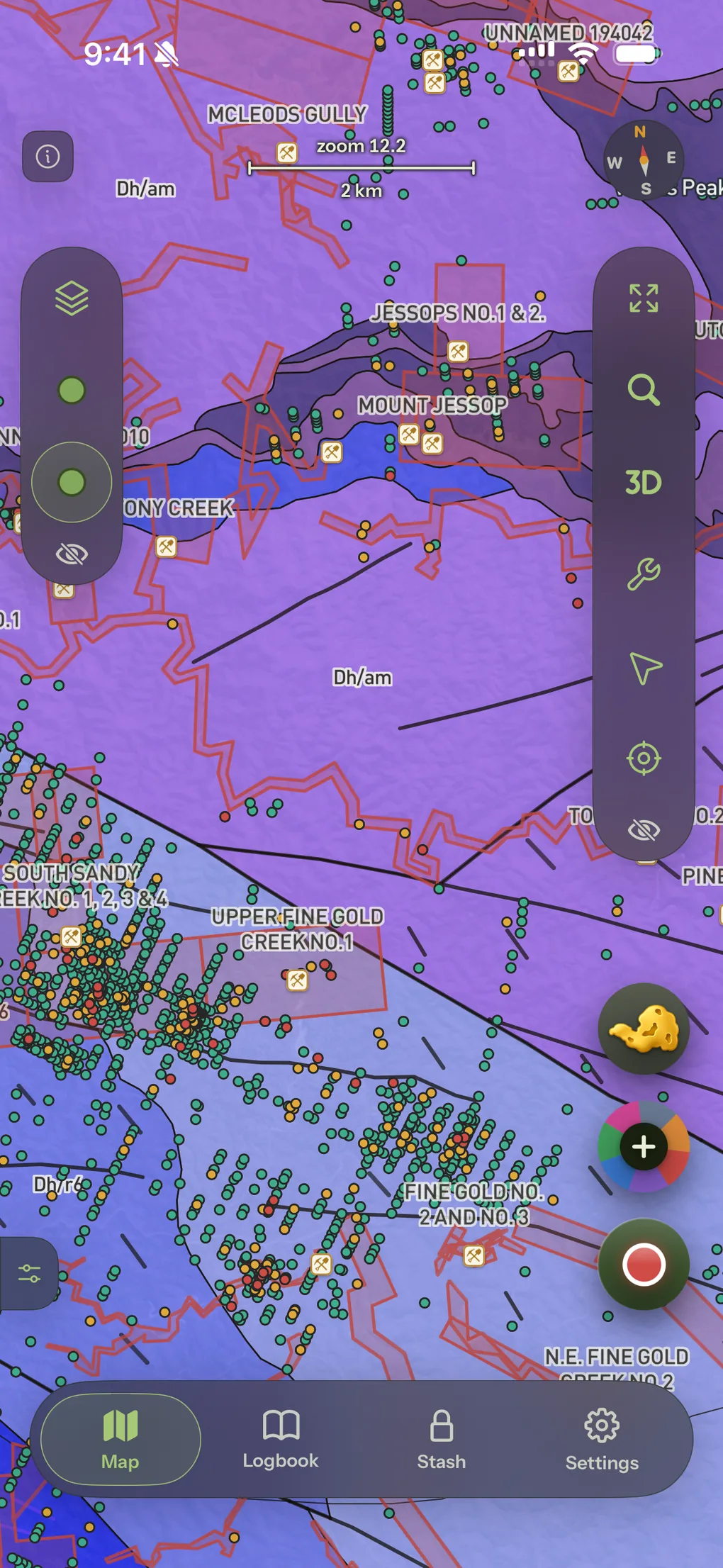 Magnetics drawn over geology and historic gold workings, with mine and occurrence markers dense along a creek line.