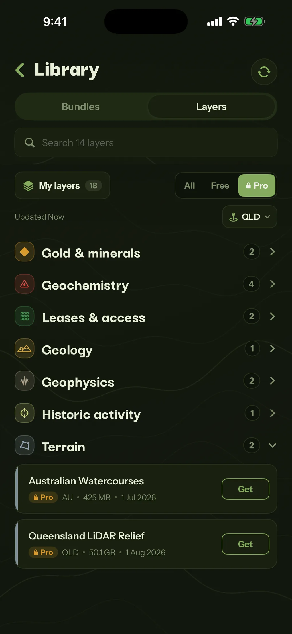 Patchly Library, Layers tab, listing gold and minerals, geochemistry, leases, geology and terrain, with Queensland LiDAR Relief ready to get.