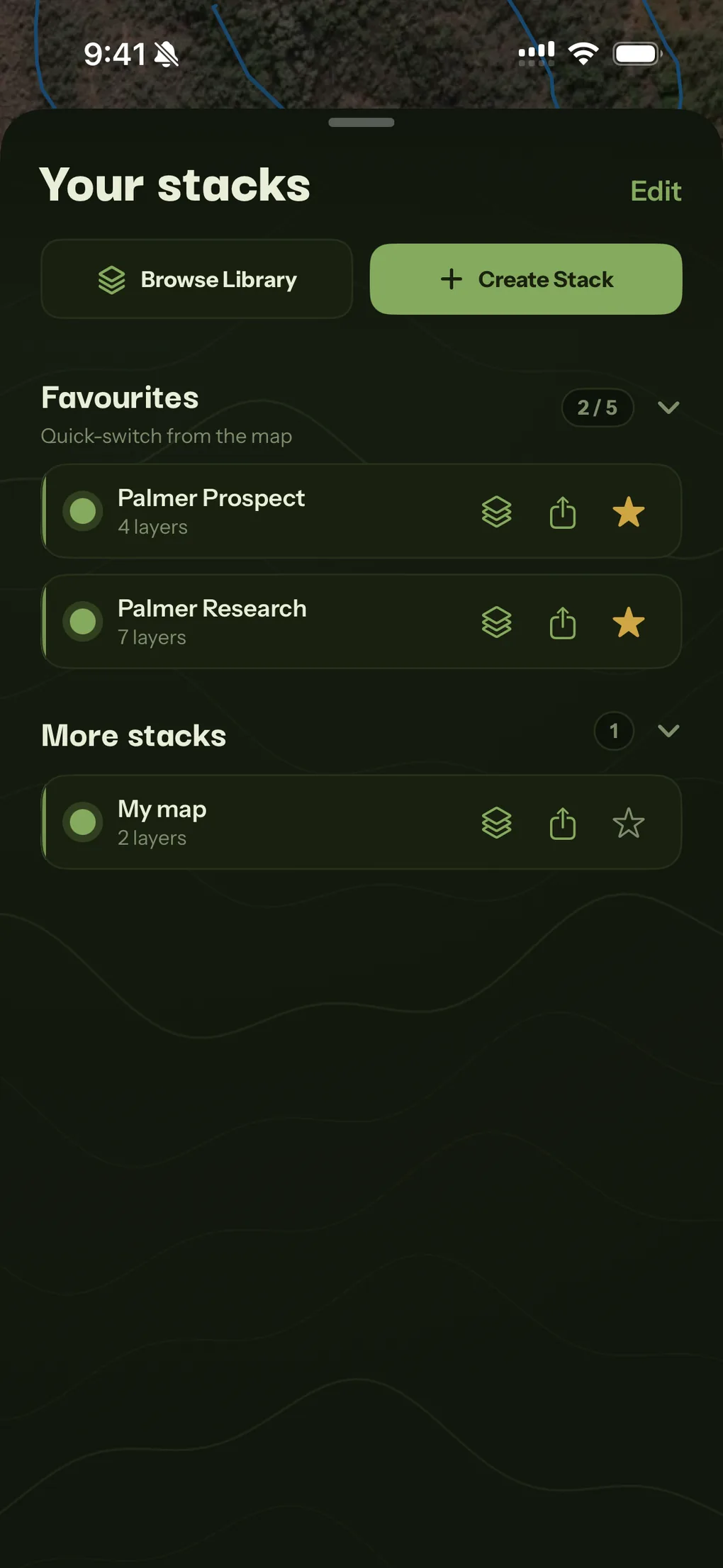 Your stacks list with favourites for quick switching from the map and a Create Stack button.