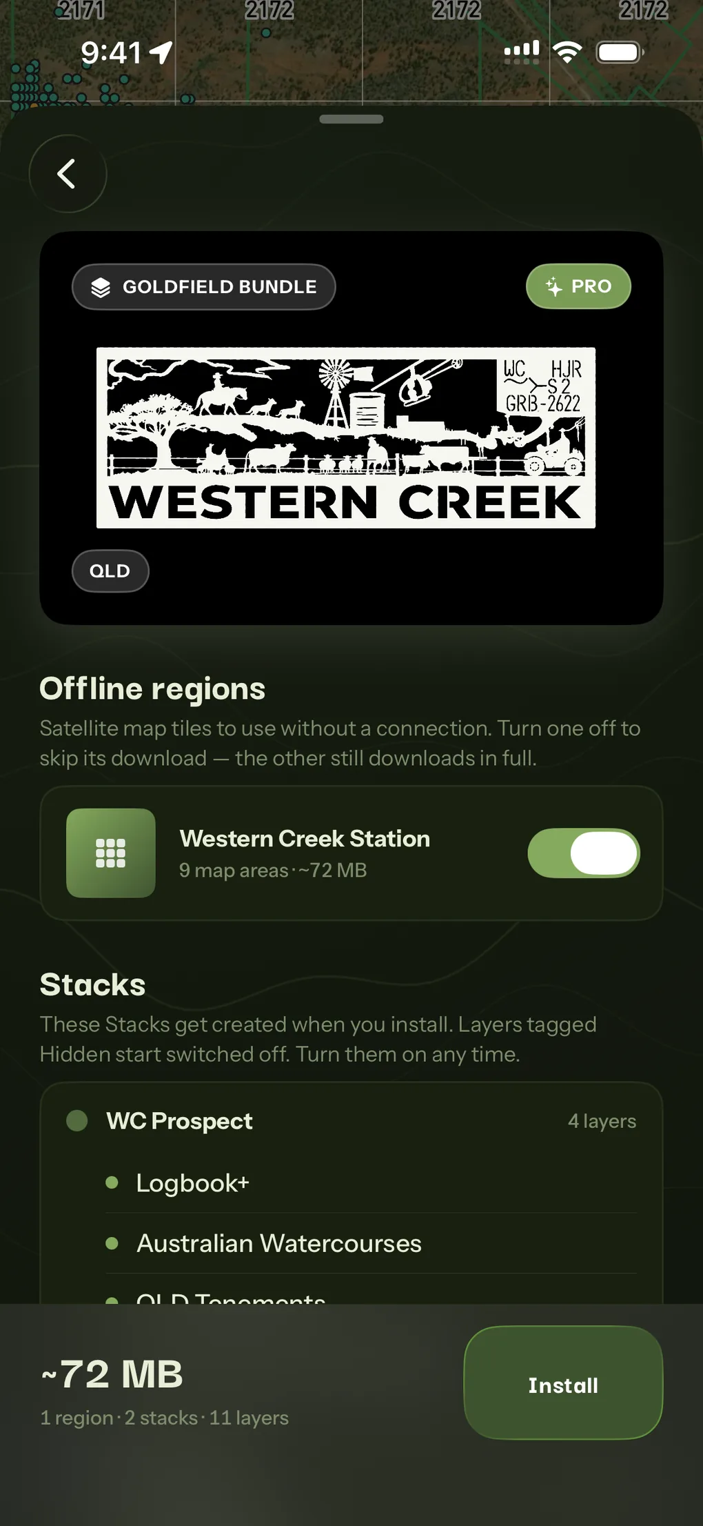 The Western Creek goldfield bundle: an offline region of nine map areas, the Stacks it creates, and one Install button at about 72 MB.