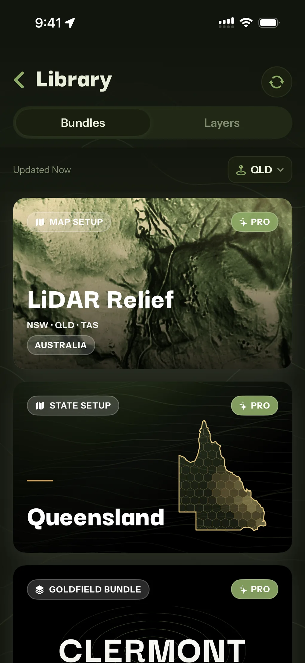Patchly Library, Bundles tab, with LiDAR Relief, a Queensland state setup and goldfield bundles.