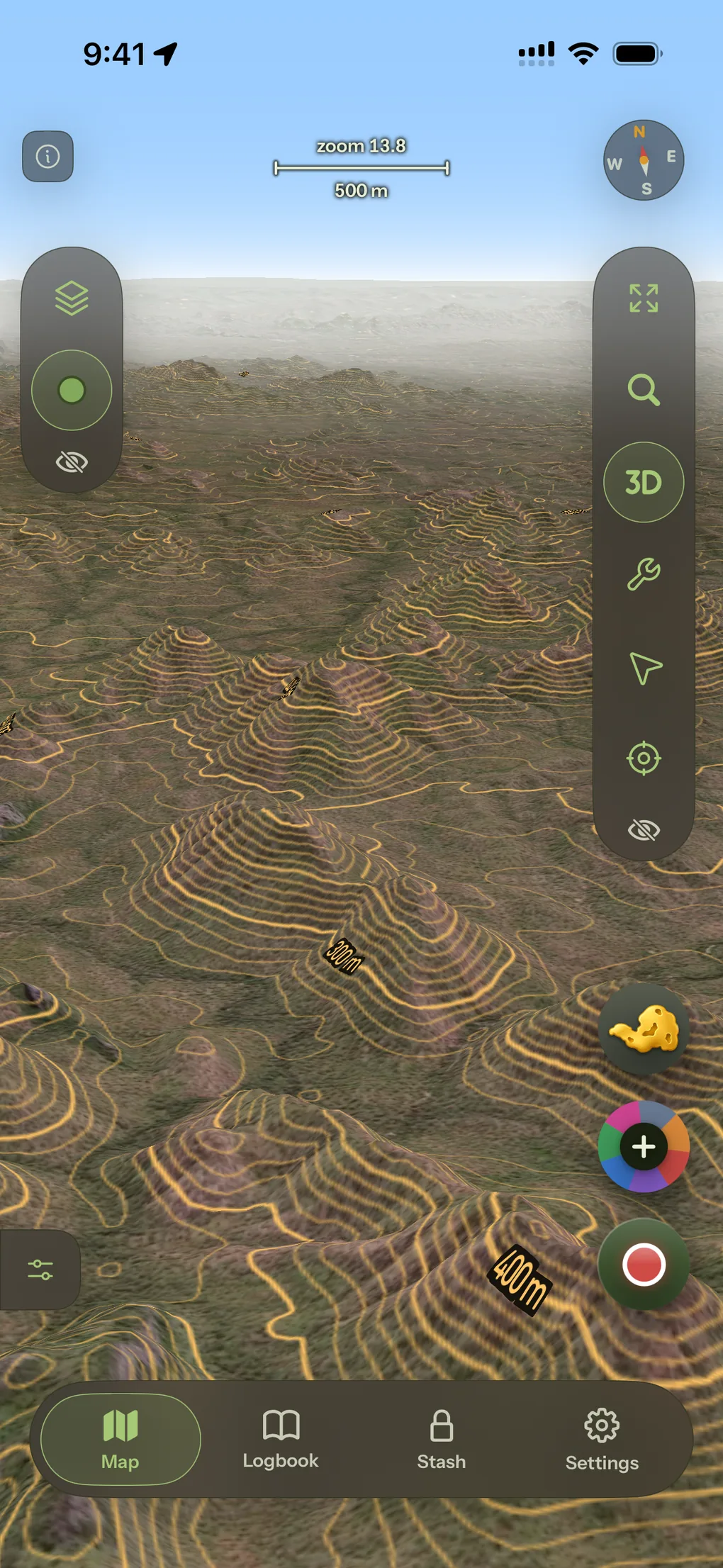 The map tilted into 3D, contour lines following the ridges toward the horizon.