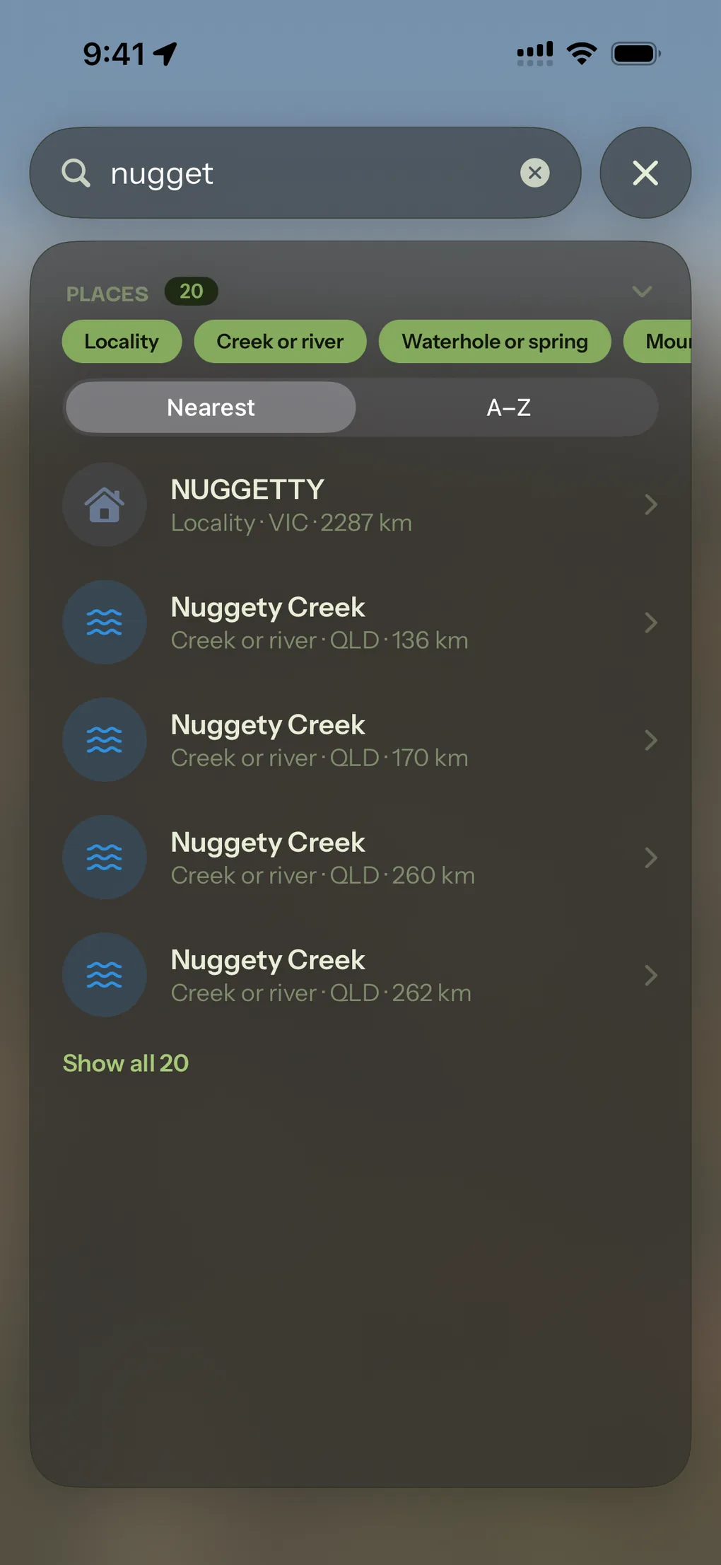 Searching "nugget" offline: localities, creeks and waterholes grouped, sorted by nearest.
