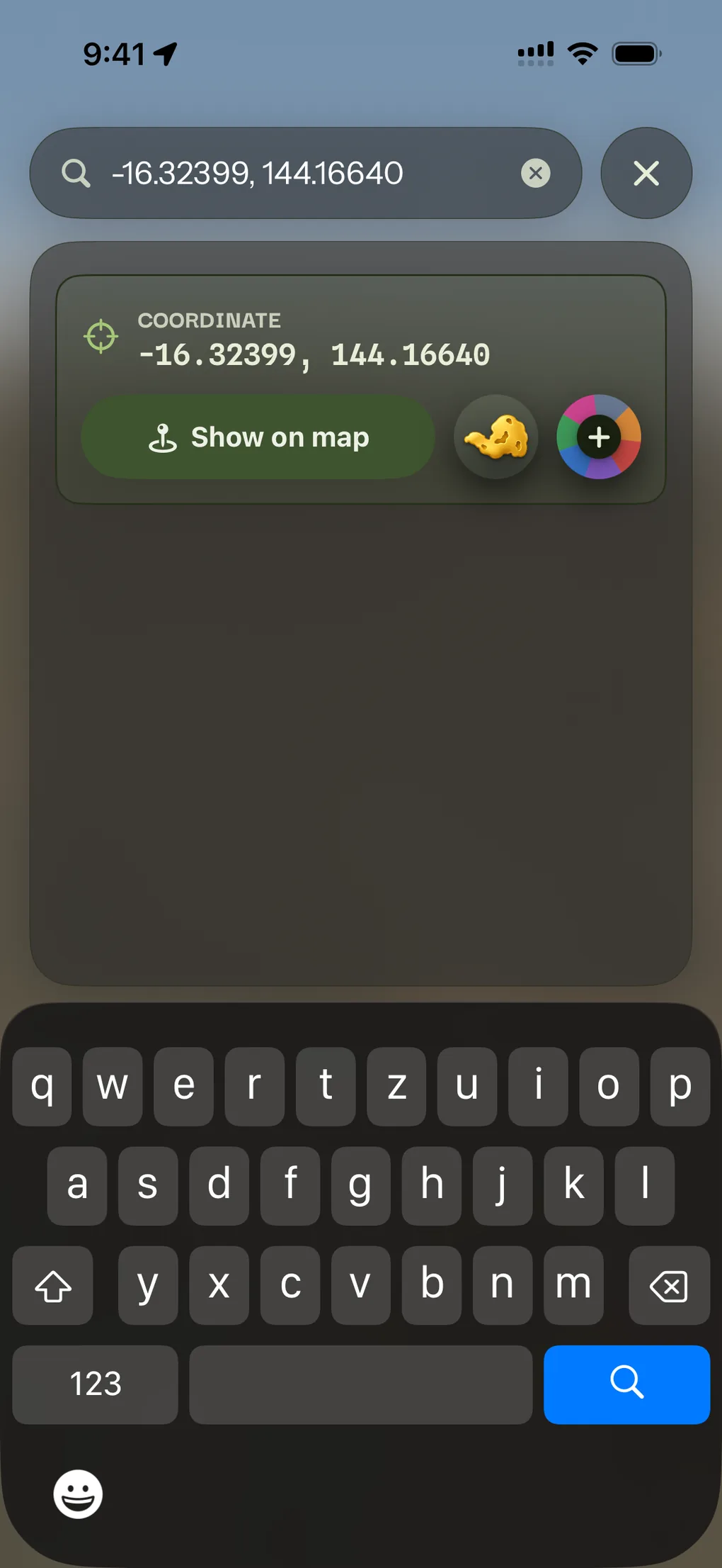 Coordinates pasted into search, recognised and ready to show on the map or save as a find or pin.