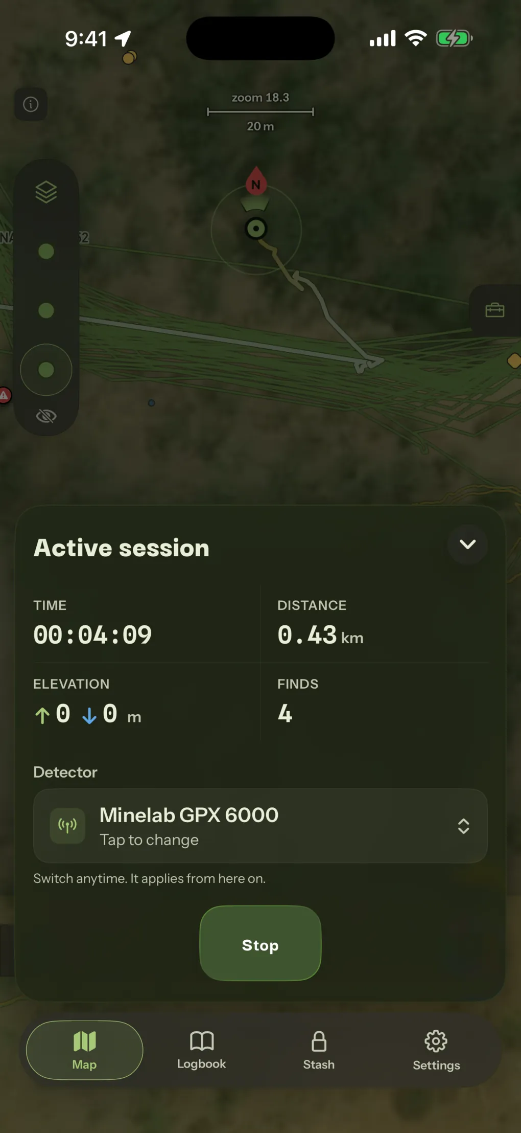 A session recording over satellite imagery, its card counting time, distance, elevation and four finds, with the Minelab GPX 6000 set as the detector.