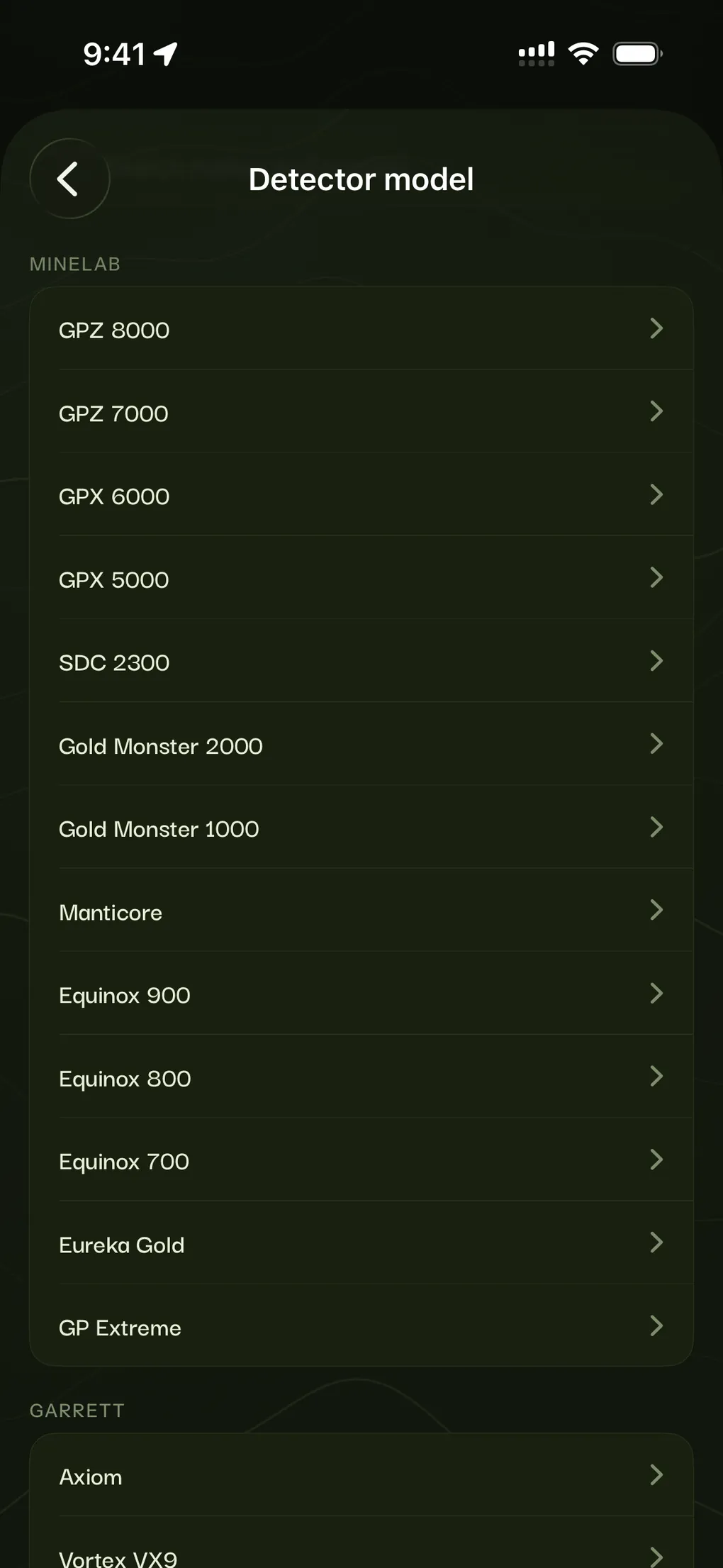 The detector model picker, listing Minelab machines from the GPZ 8000 down to the GP Extreme, then Garrett.