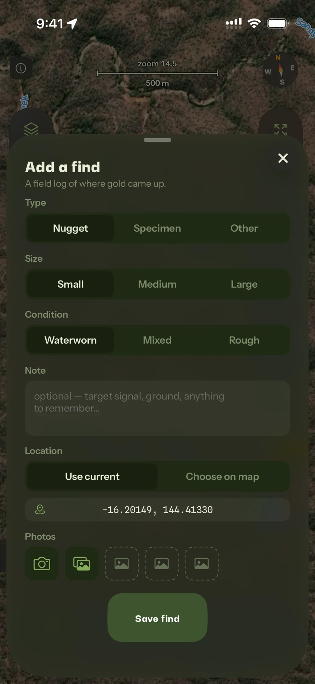 The Add a find sheet with Nugget, Small and Waterworn chosen, above a note field, the location, and camera and library buttons beside three photo slots.