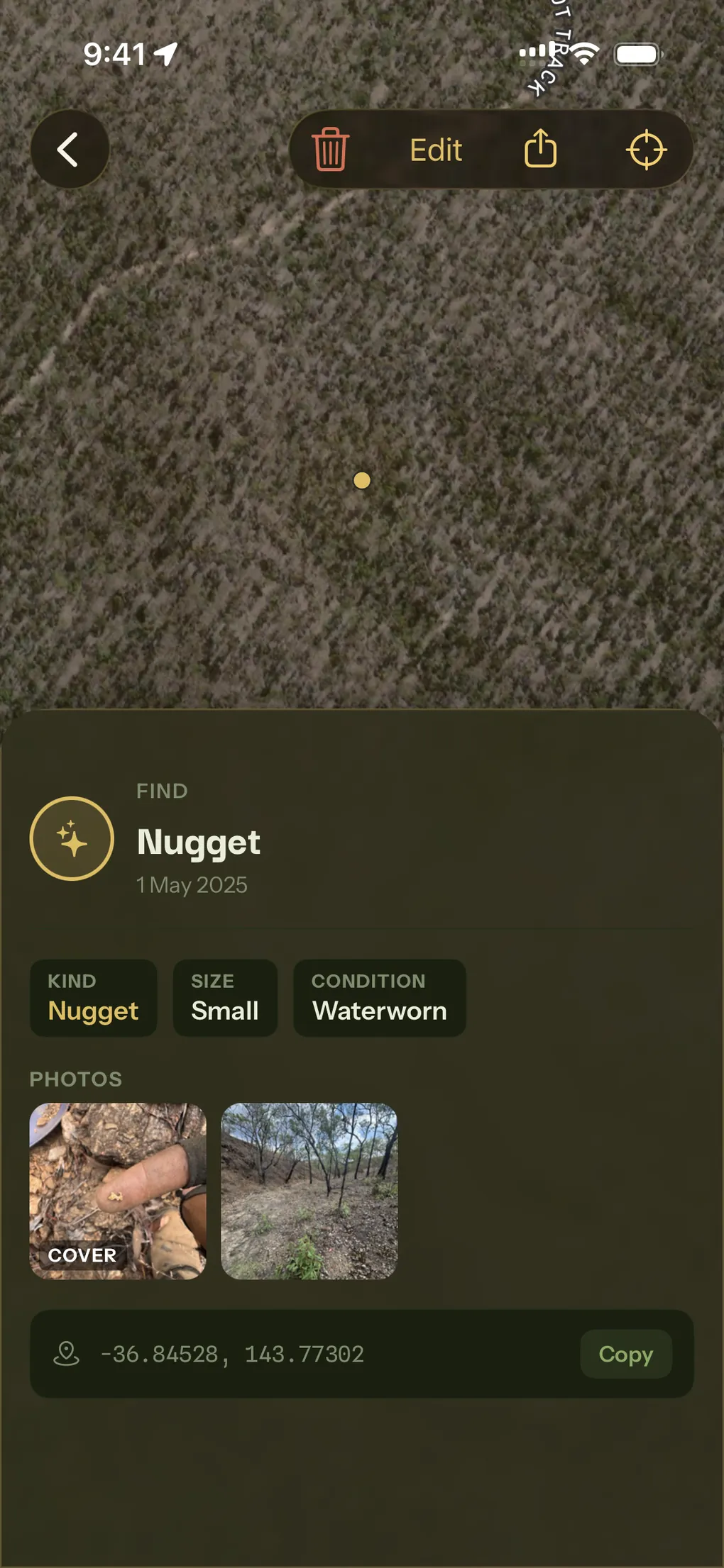 A saved find opened from the map: a small waterworn nugget dated 1 May 2025, carrying two photos and its coordinates.