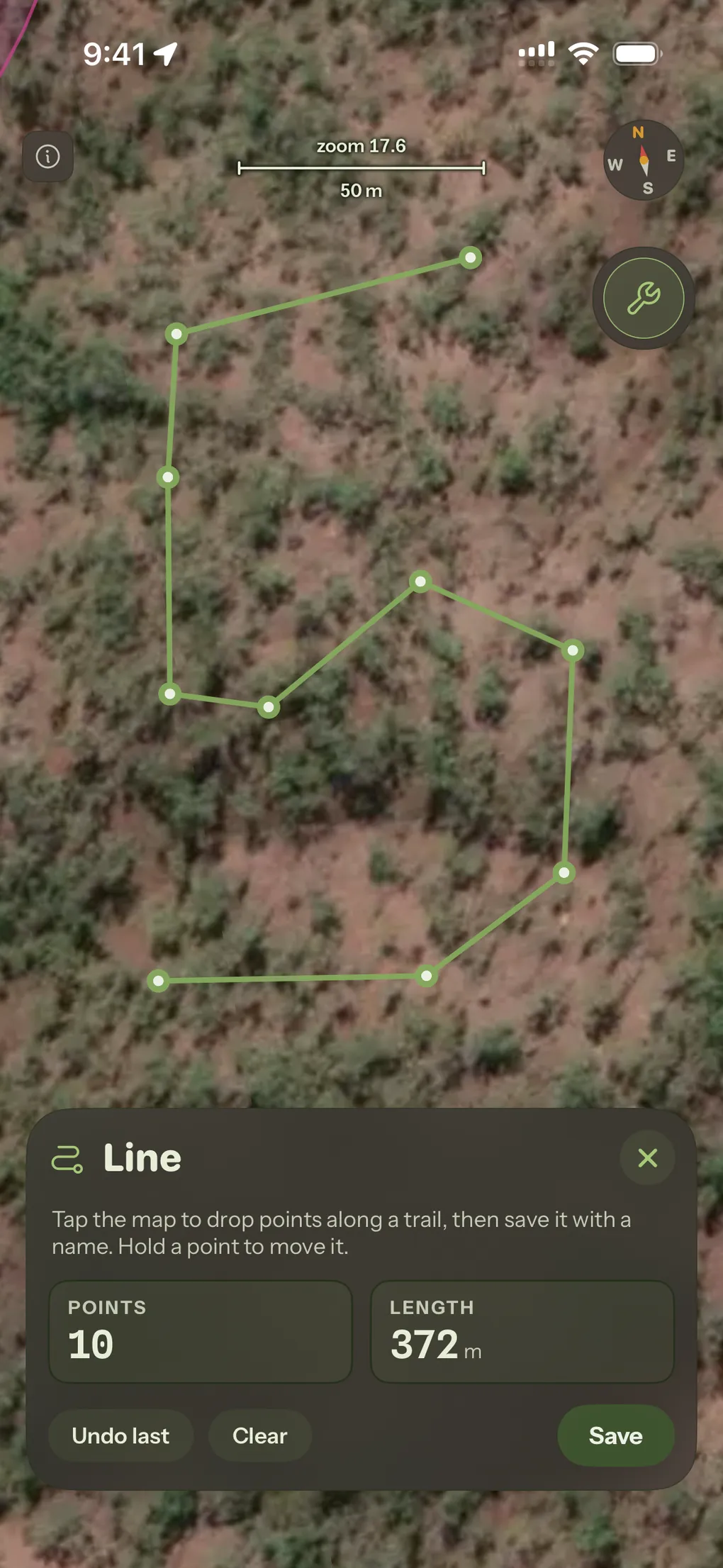 A ten-point line drawn along a trail over satellite imagery, its sheet counting the points and the 372 metre length.