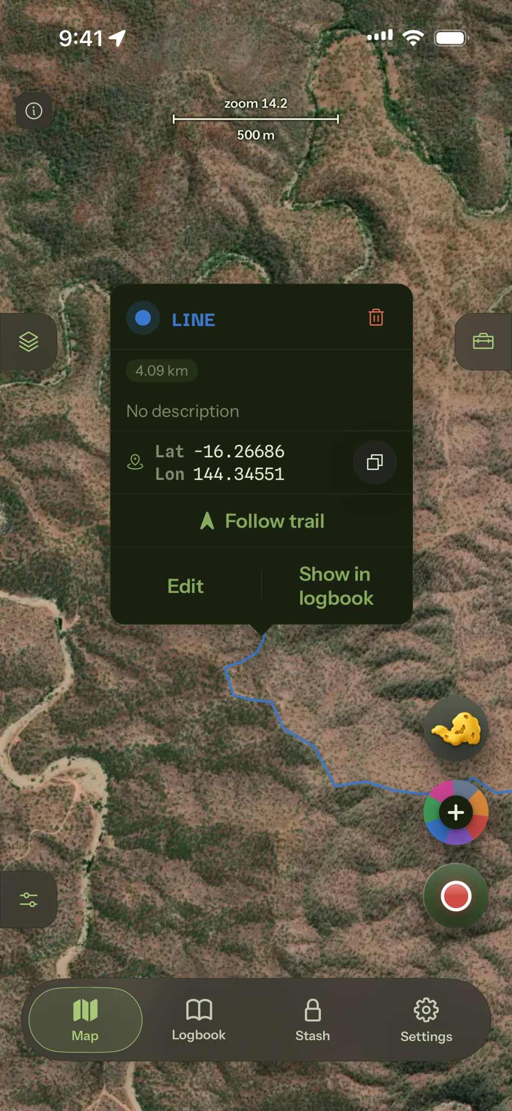 A saved line tapped open on the map, 4.09 kilometres long, offering Follow trail, Edit and Show in logbook.
