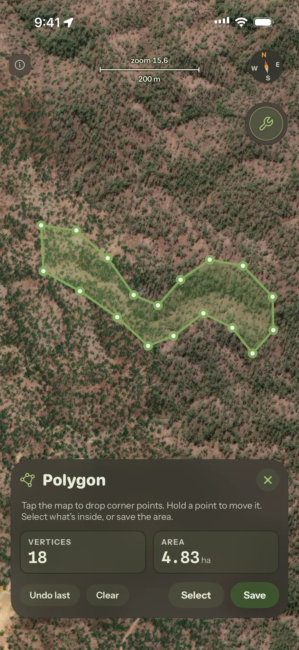 An eighteen-point polygon drawn over satellite imagery, its sheet reporting an area of 4.83 hectares.