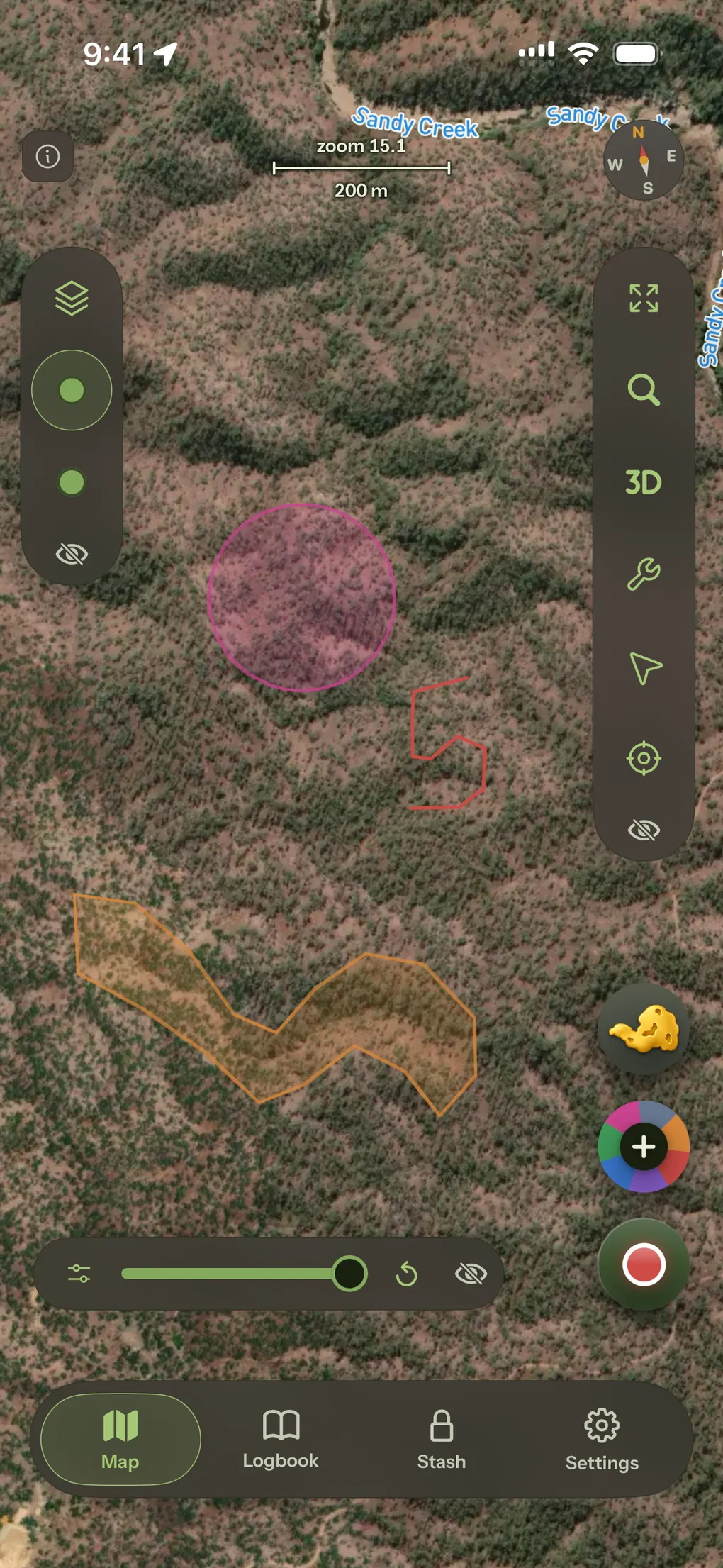Several saved shapes on one map, a filled circle beside two outlined areas, with the layer opacity slider out.