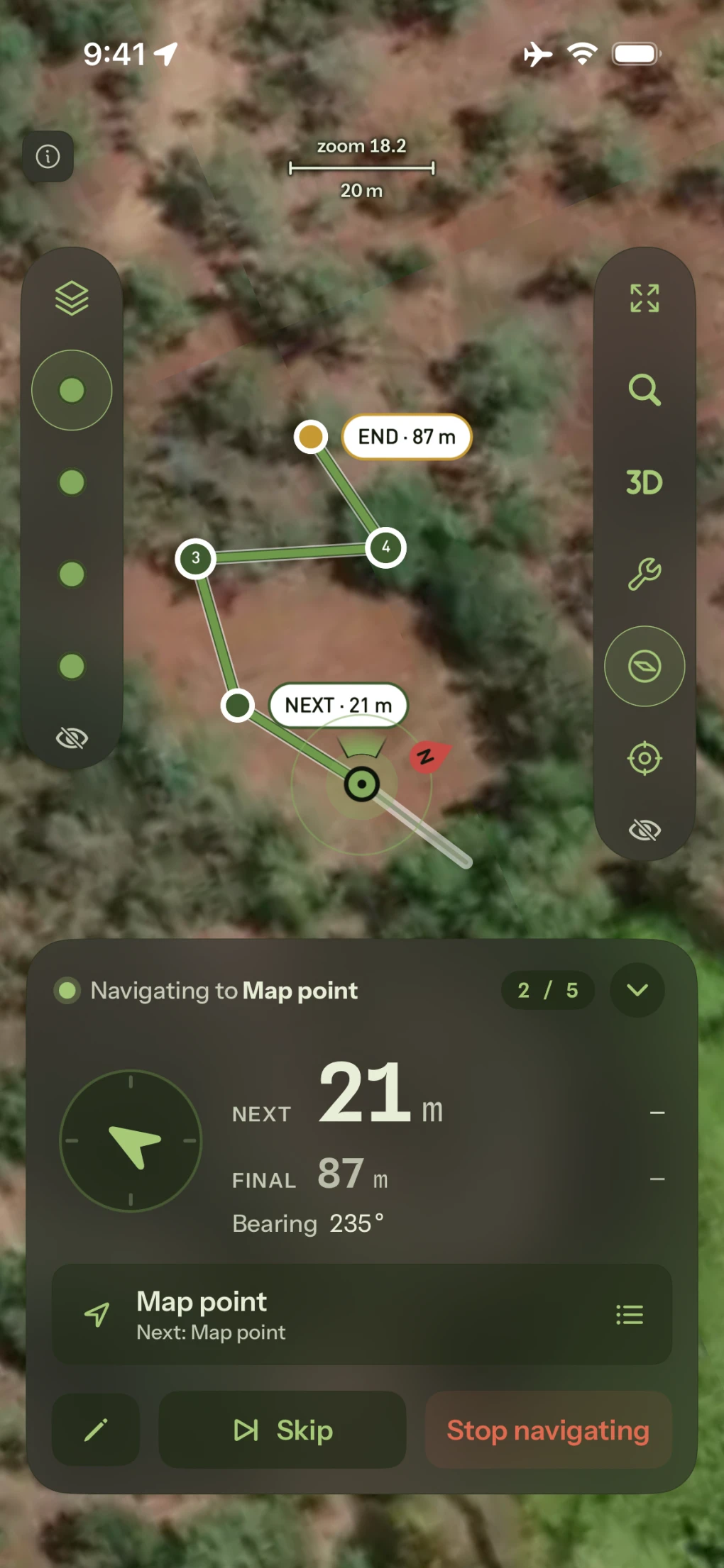 An off-road route being navigated in aeroplane mode, stop two of five, the next map point 21 metres ahead, the last 87 metres out on a bearing of 235 degrees.