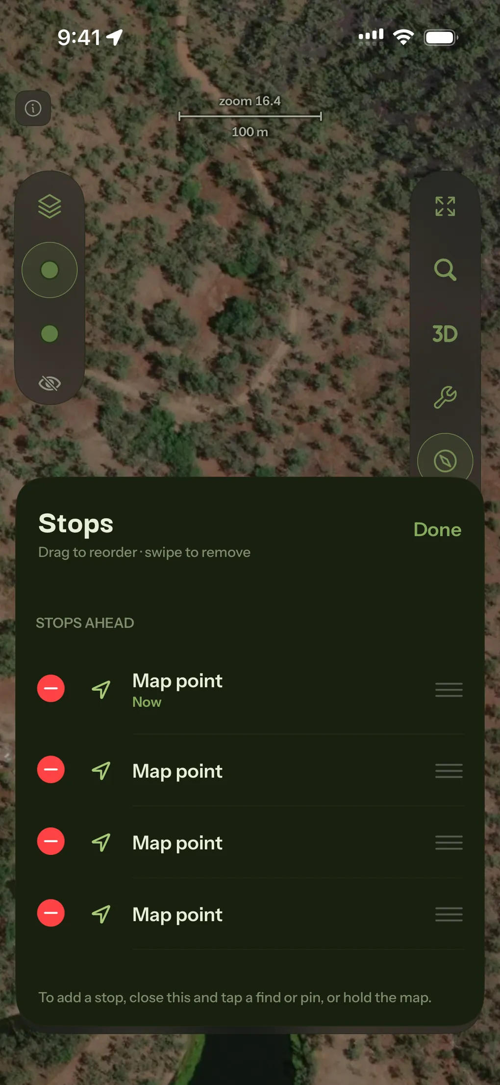 The Stops panel listing four map points ahead in order, draggable to reorder and swipeable to remove.