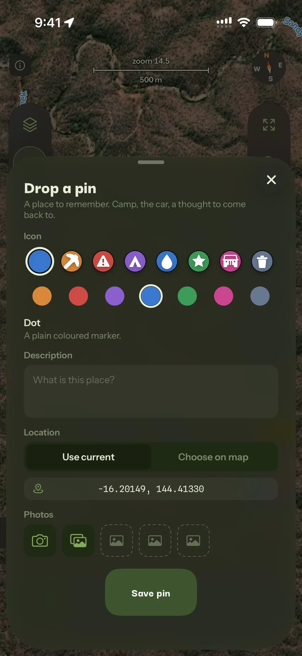 The Drop a pin sheet offering eight marker glyphs and eight colours, with the plain Dot selected.
