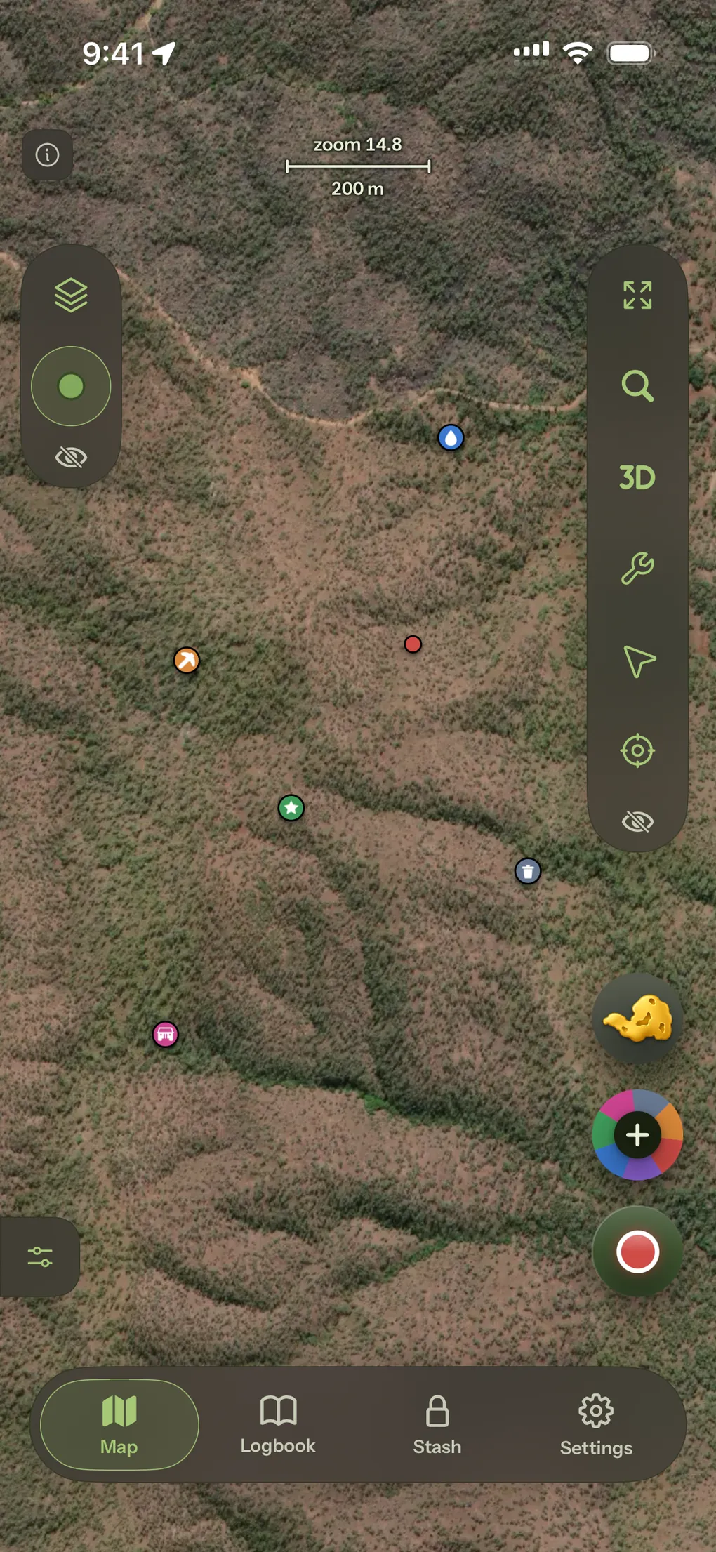 Coloured pin markers scattered across a ridge on satellite imagery.