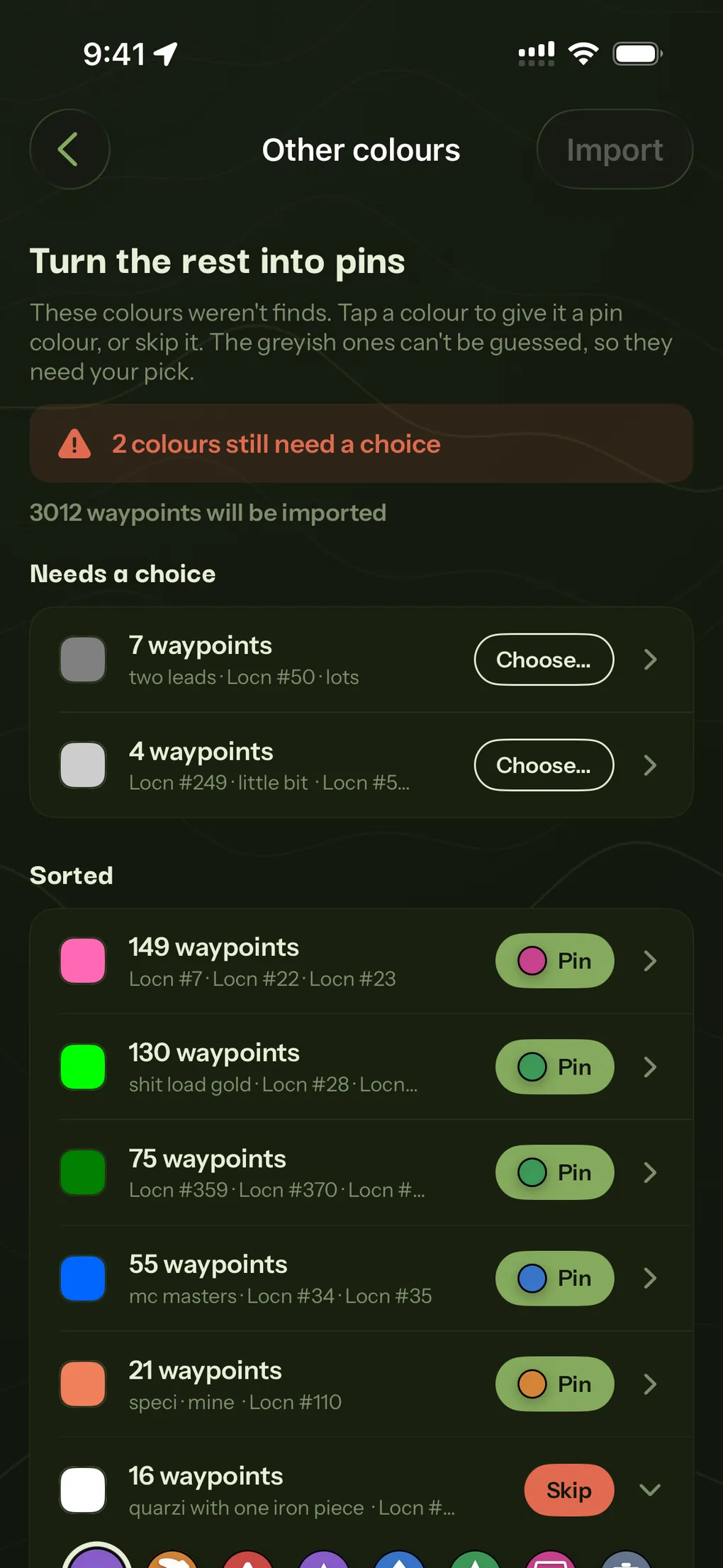 The remaining waypoint colours grouped for review, most already sorted to a pin colour and two still needing a choice.