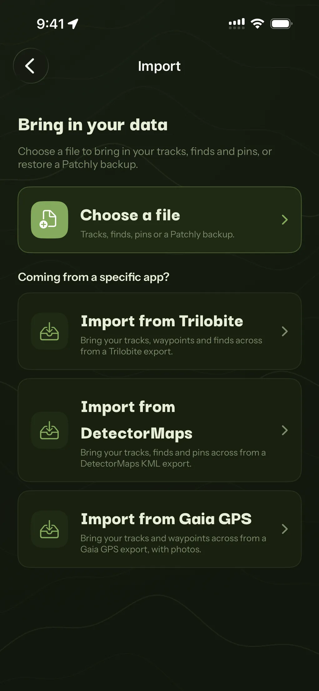 The import screen offering Trilobite, DetectorMaps and Gaia GPS, or any file.