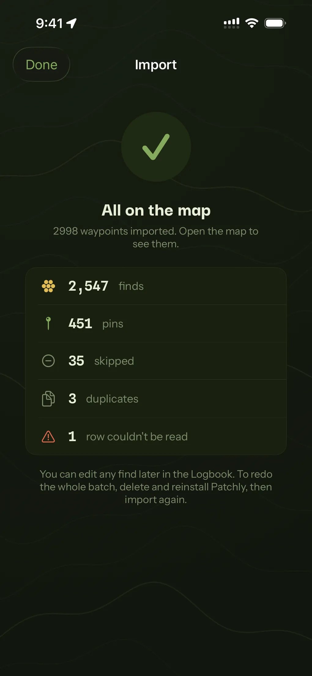 The import result: 2,998 waypoints in, counted as finds, pins, skipped, duplicates and one row that could not be read.