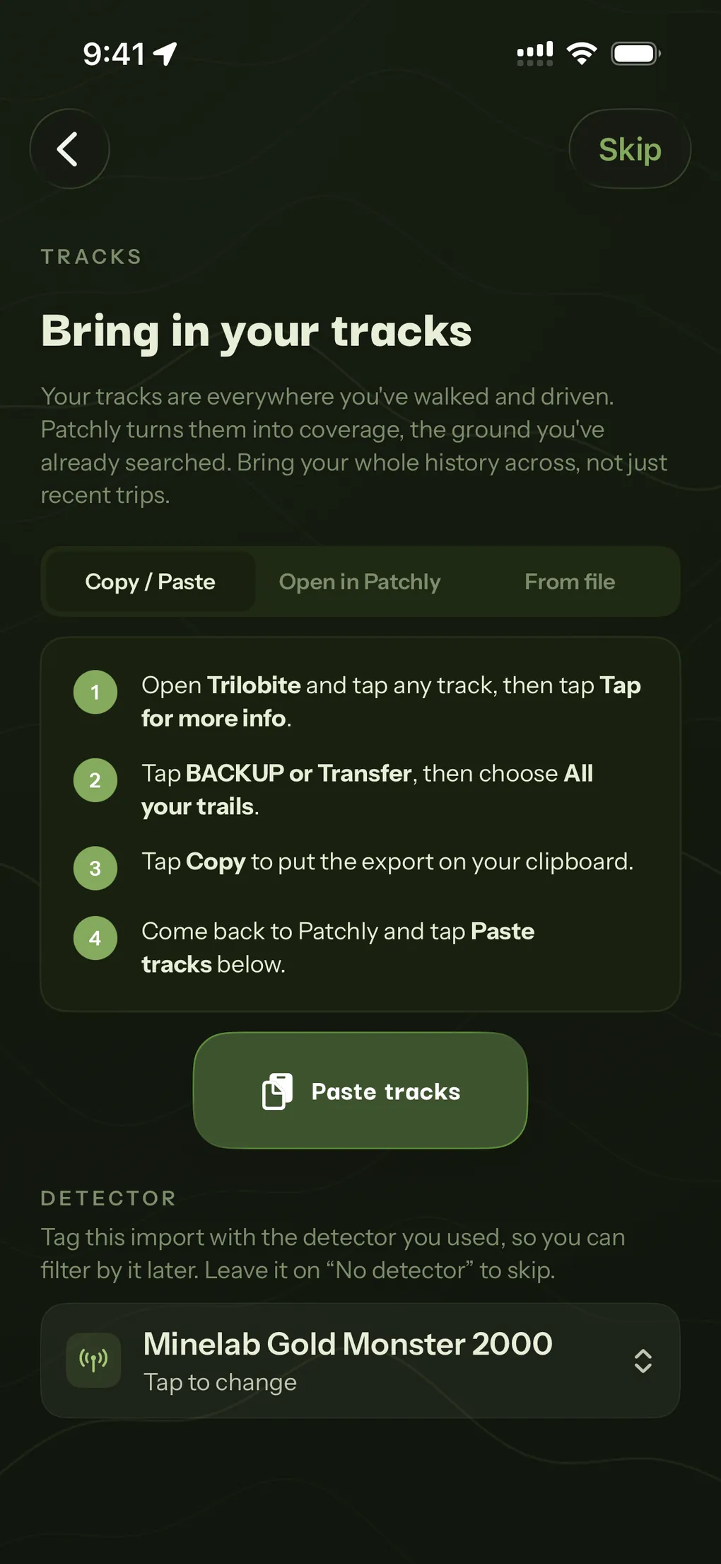 The track import step, naming the exact Trilobite buttons to tap in order, with Copy/Paste, Open in Patchly and From file as the three routes.