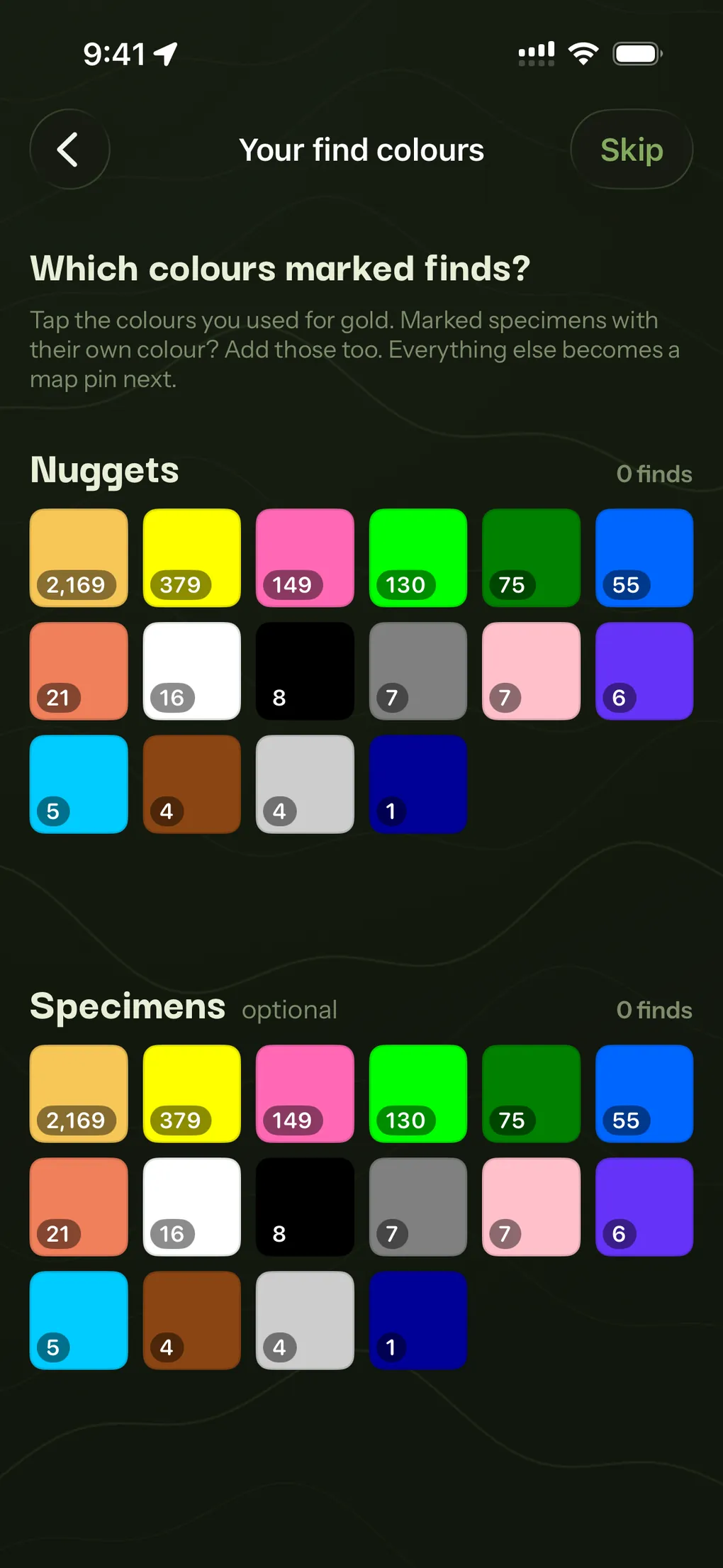 The find-colour step, asking which waypoint colours marked nuggets and specimens, each swatch counting its waypoints.