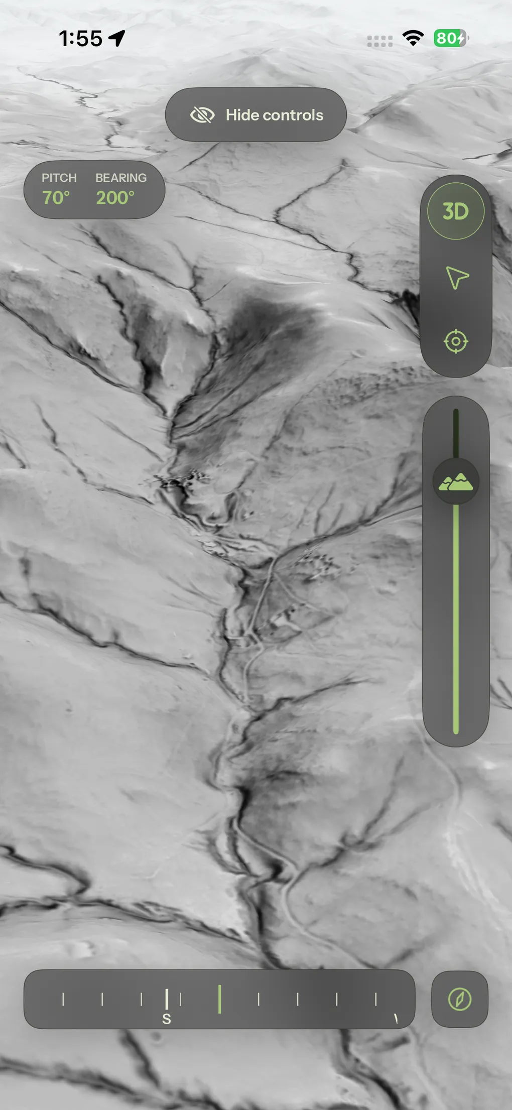 Bare-earth LiDAR relief tilted into 3D, with the pitch and bearing readout and a vertical exaggeration slider.