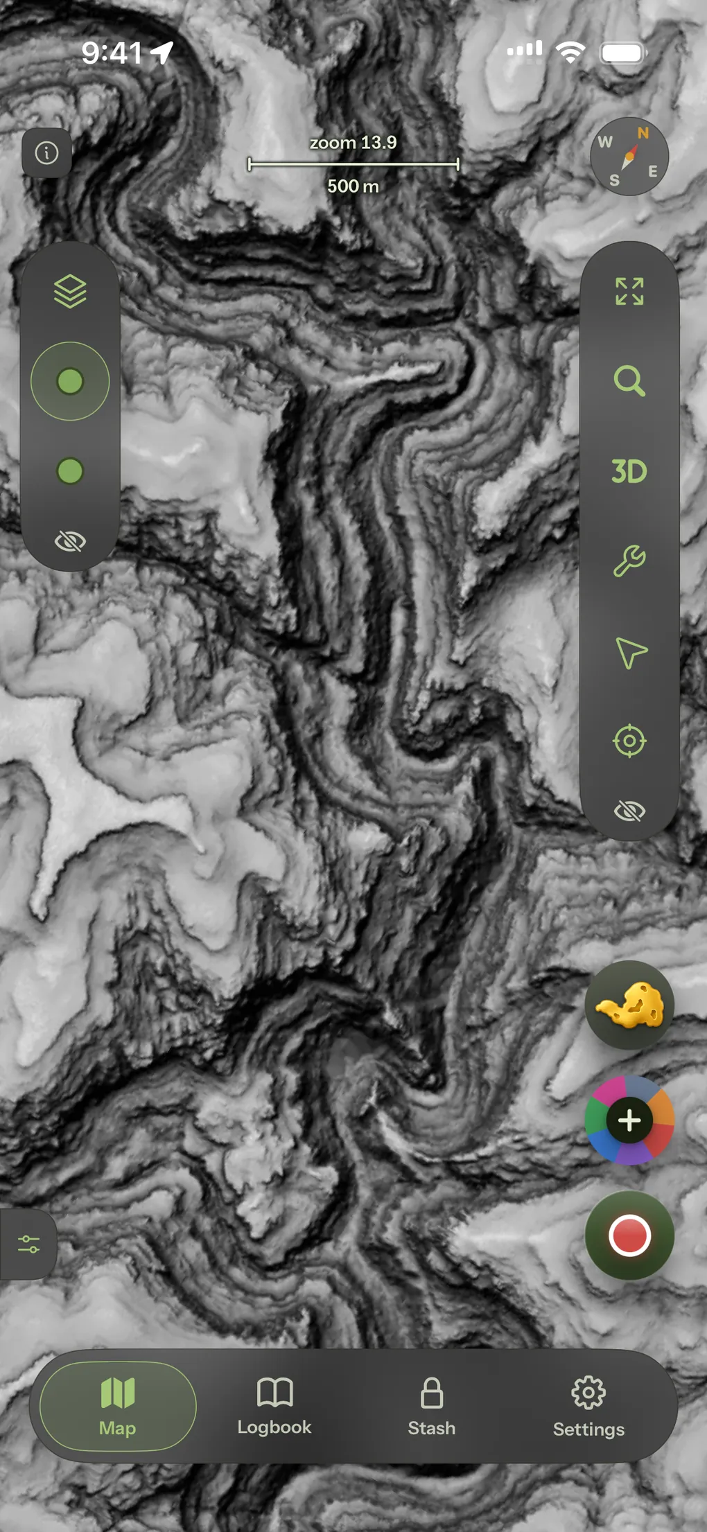 LiDAR relief flat on, gullies, spurs and old workings picked out in fine greyscale detail.