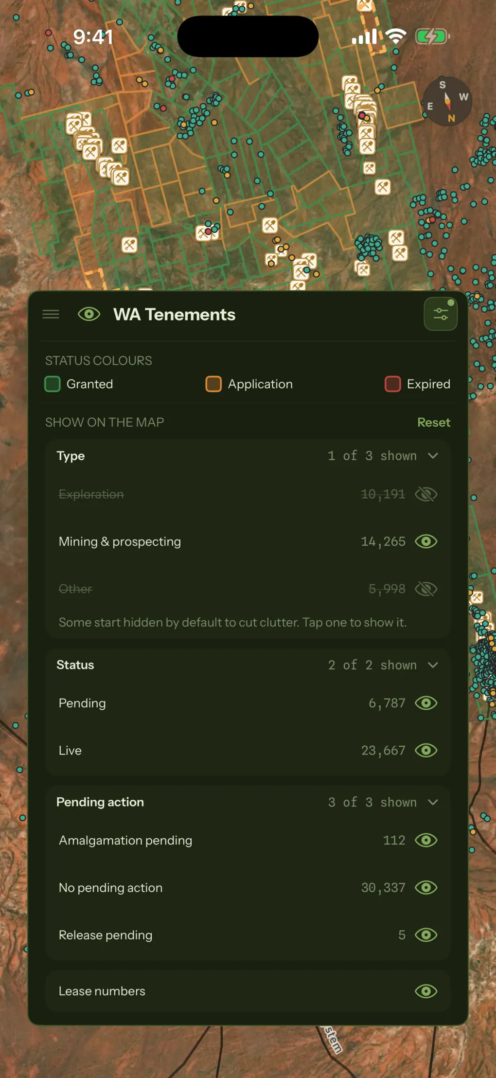 WA Tenements on the map, its type, status and pending-action filters each counting the tenements behind them.