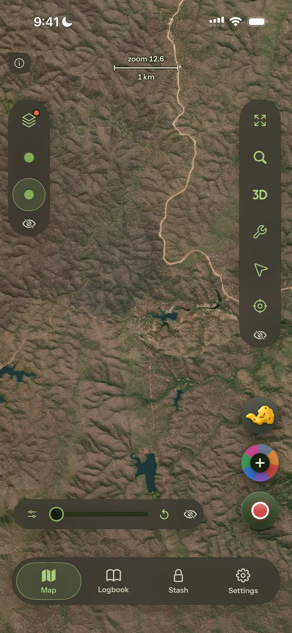 The same map in the dark theme, the chrome sunk back into the terrain.