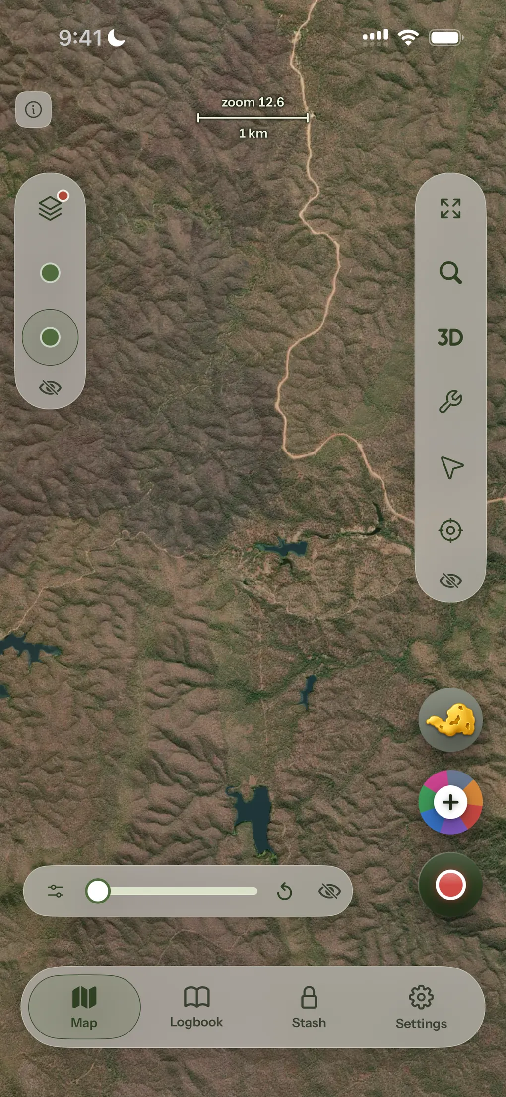 The map in the light theme, its chrome pale over open terrain.
