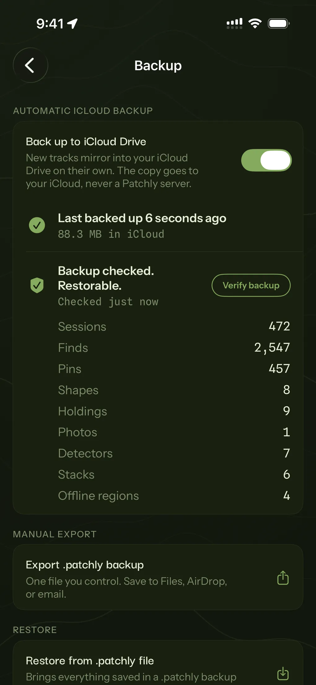 Backup settings with iCloud Drive backup on, verified as restorable, counting the sessions, finds, pins and shapes it holds.