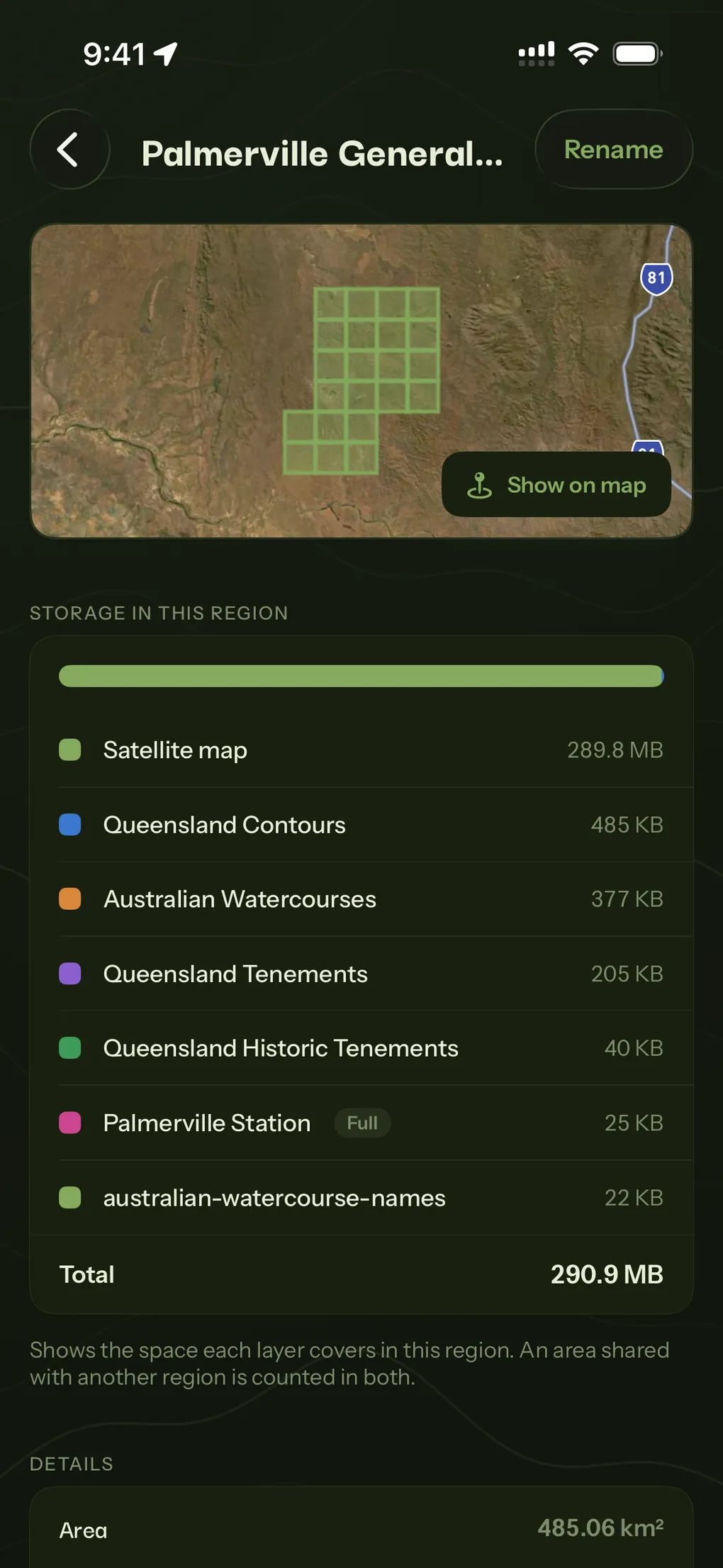 An offline region detail, its 290.9 MB broken down layer by layer from satellite imagery down to watercourse names.