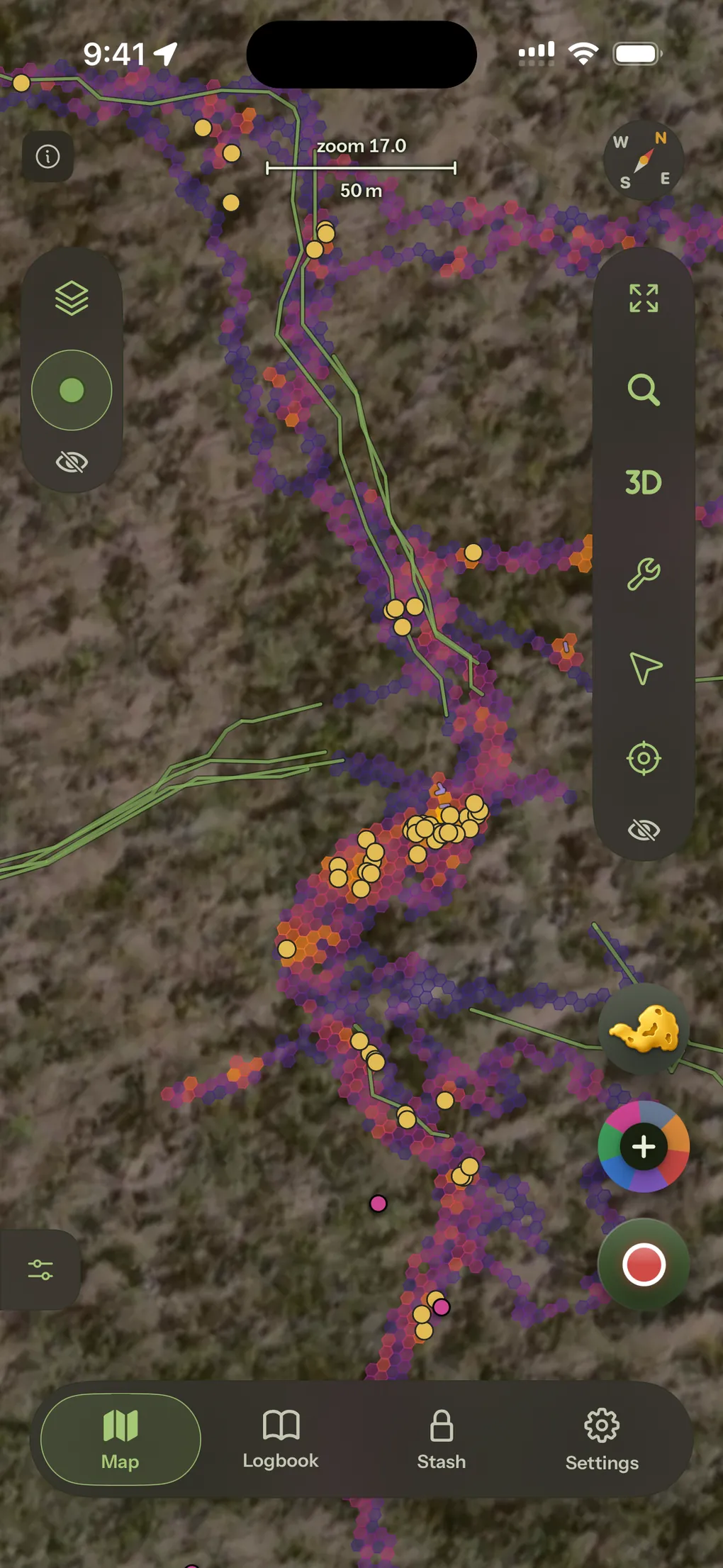 The same ground drawn as Coverage, a purple-to-orange honeycomb over the tracks.
