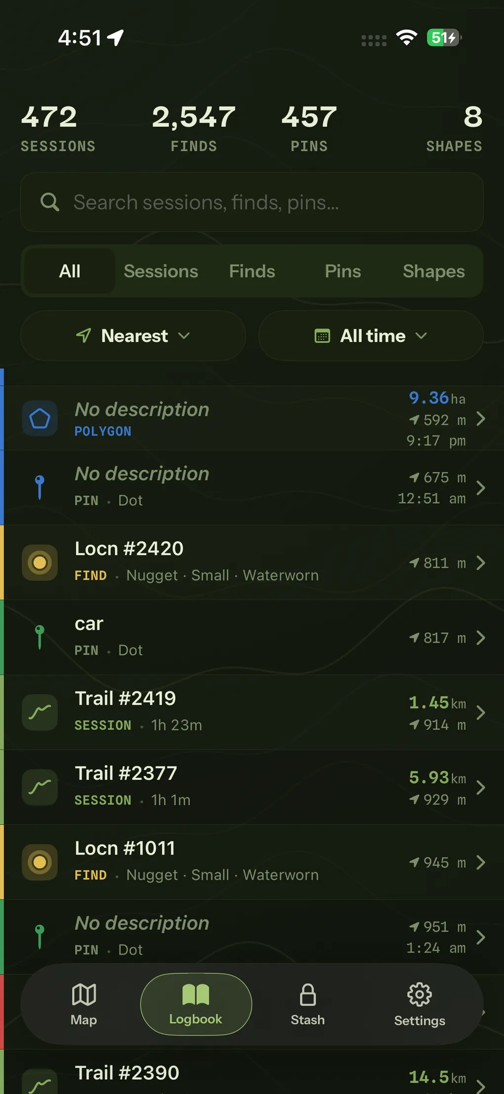The Logbook totalling 472 sessions, 2,547 finds, 457 pins and 8 shapes, listing them together by distance.