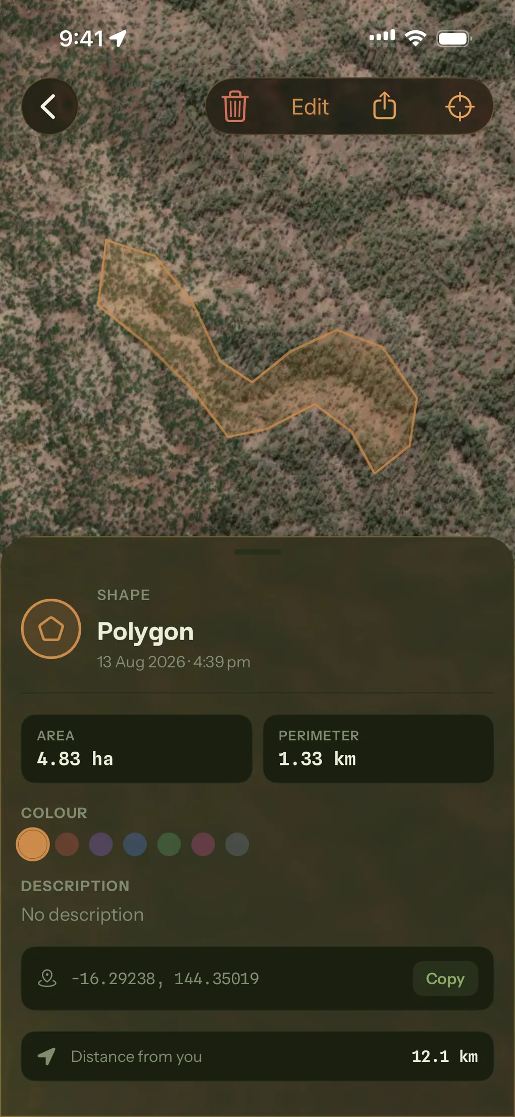 A saved polygon opened from the Logbook, 4.83 hectares and 1.33 kilometres around, 12.1 kilometres from the reader.