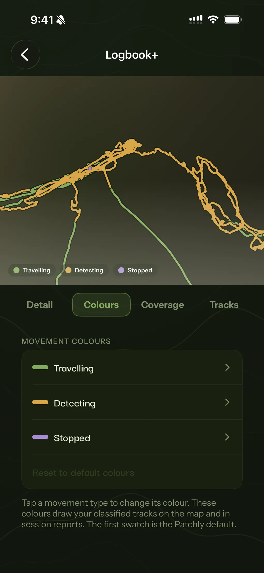 The Logbook+ colours tab, its preview separating travelling, detecting and stopped, with a colour set for each.