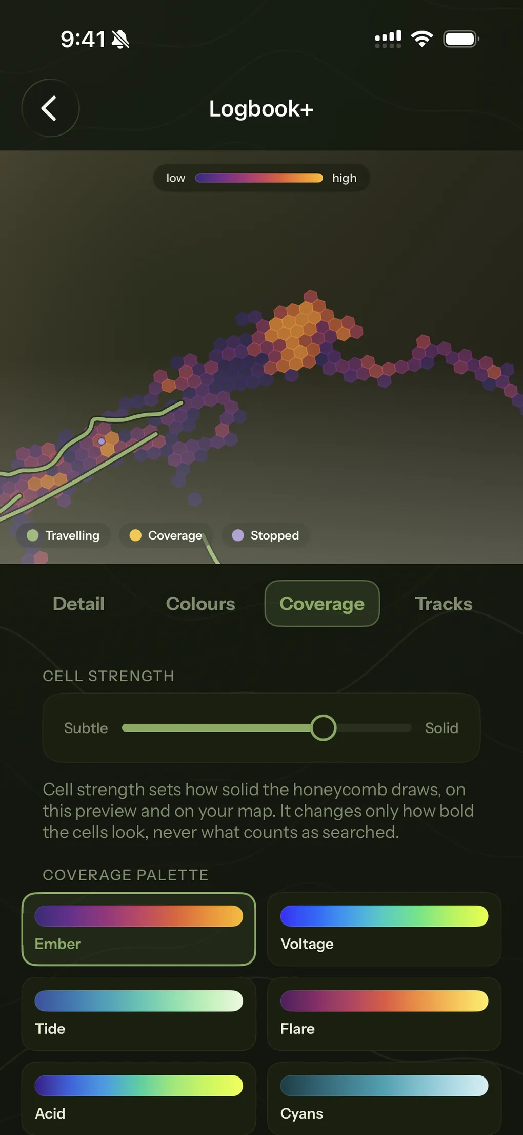 The Logbook+ coverage tab, its honeycomb preview above a cell-strength slider and six colour ramps.