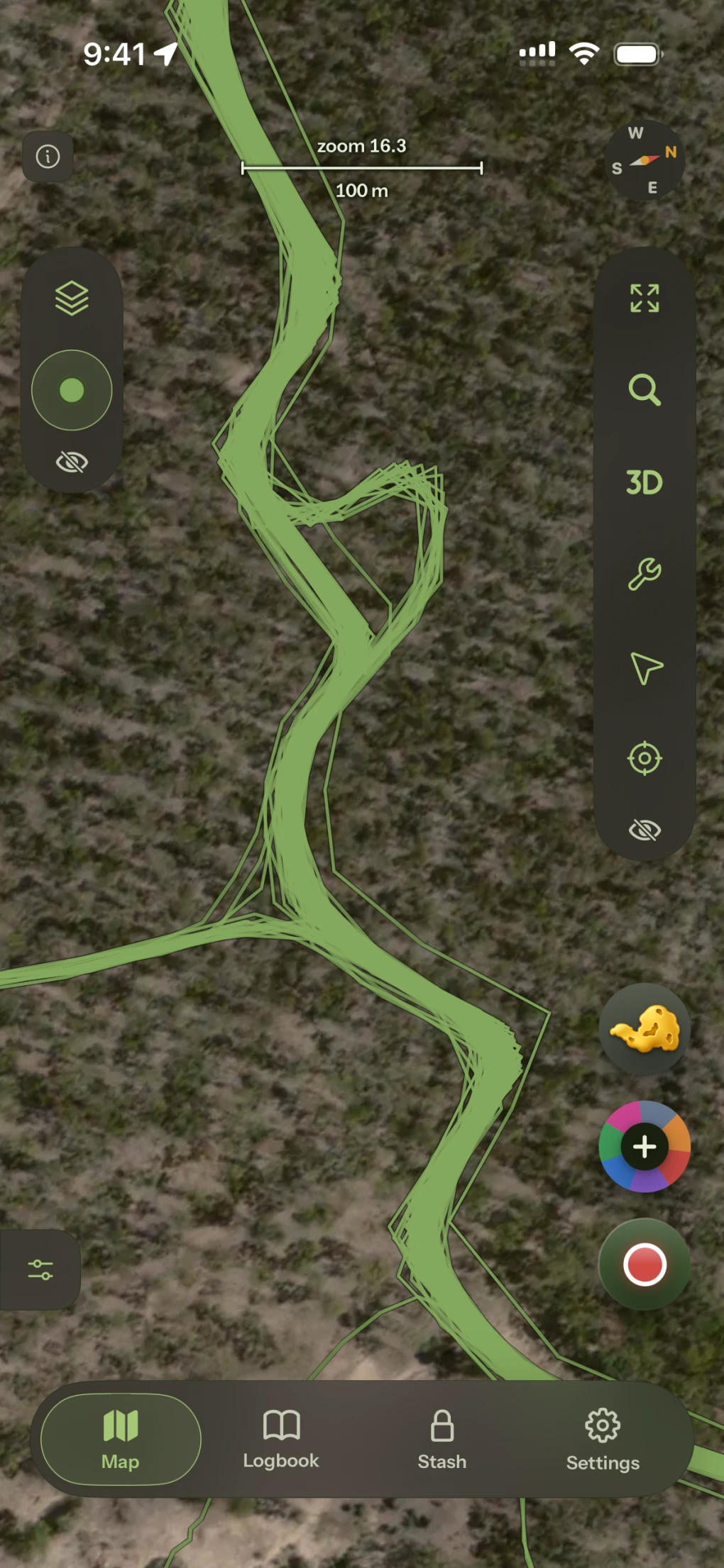 One track driven many times, drawn as a braid of near-identical green lines bundled over the same ground.