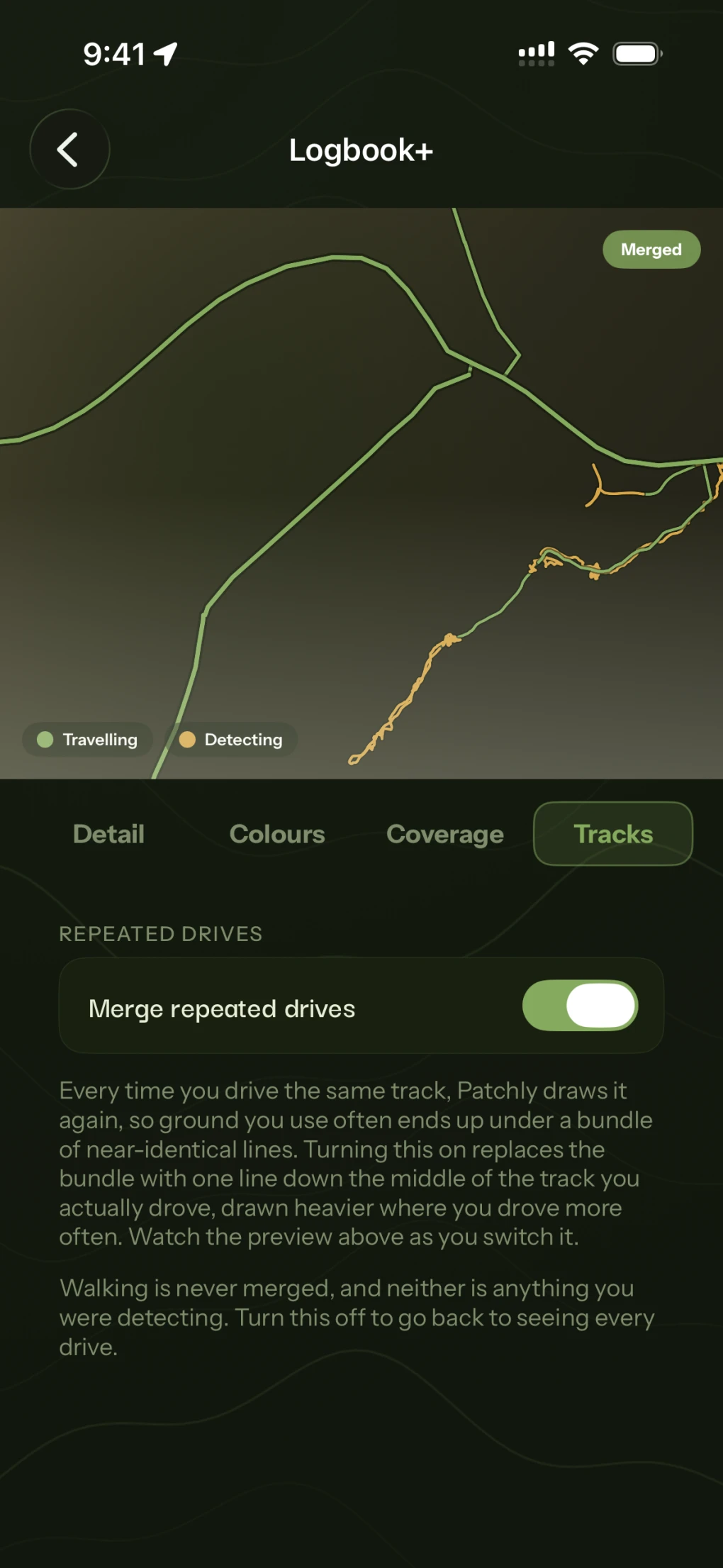 The Logbook+ Tracks tab with Merge repeated drives switched on, its preview badged Merged above an explanation of what merging changes.