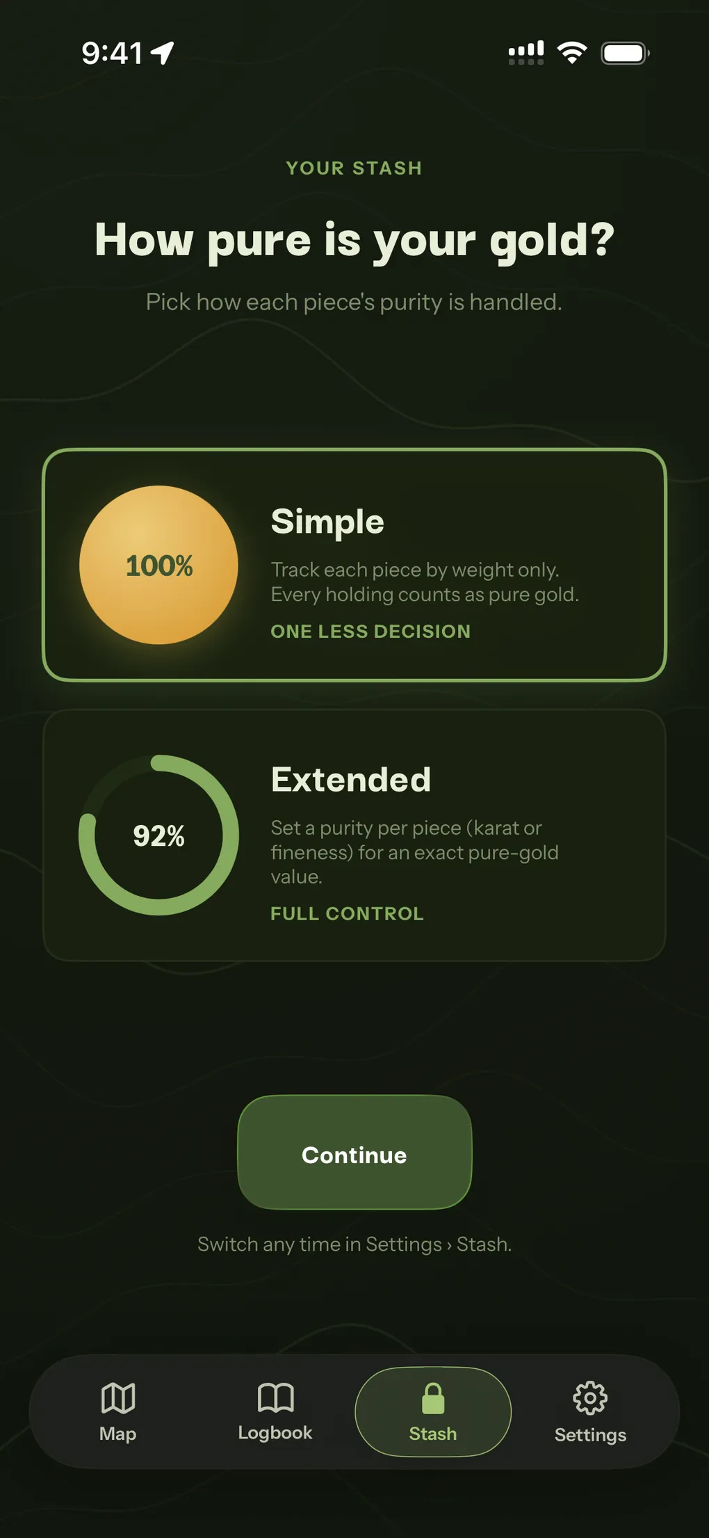 The Stash purity choice: Simple, which counts every holding as pure gold, or Extended, which sets a purity per piece.