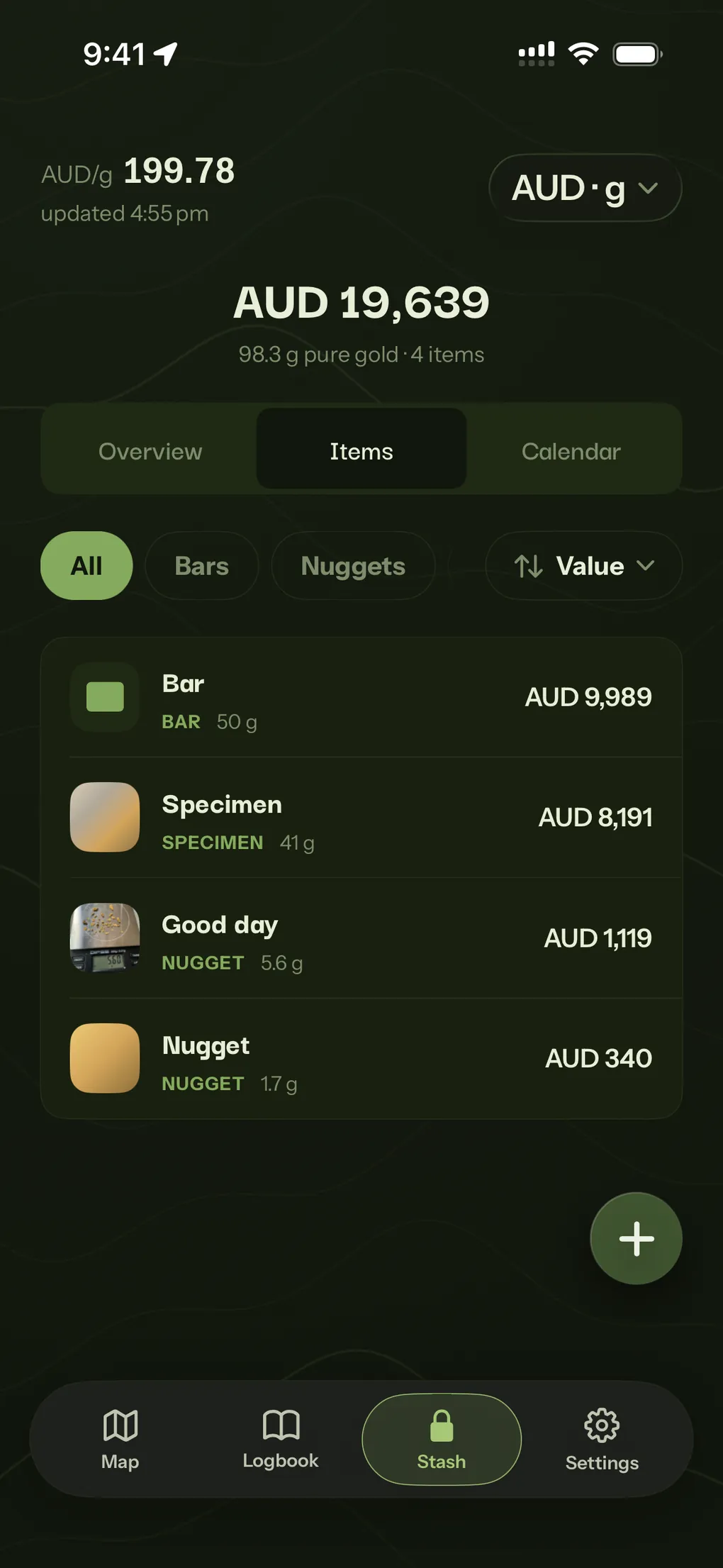 The Stash items list sorted by value, a bar, a specimen and two nuggets totalling AUD 19,639.