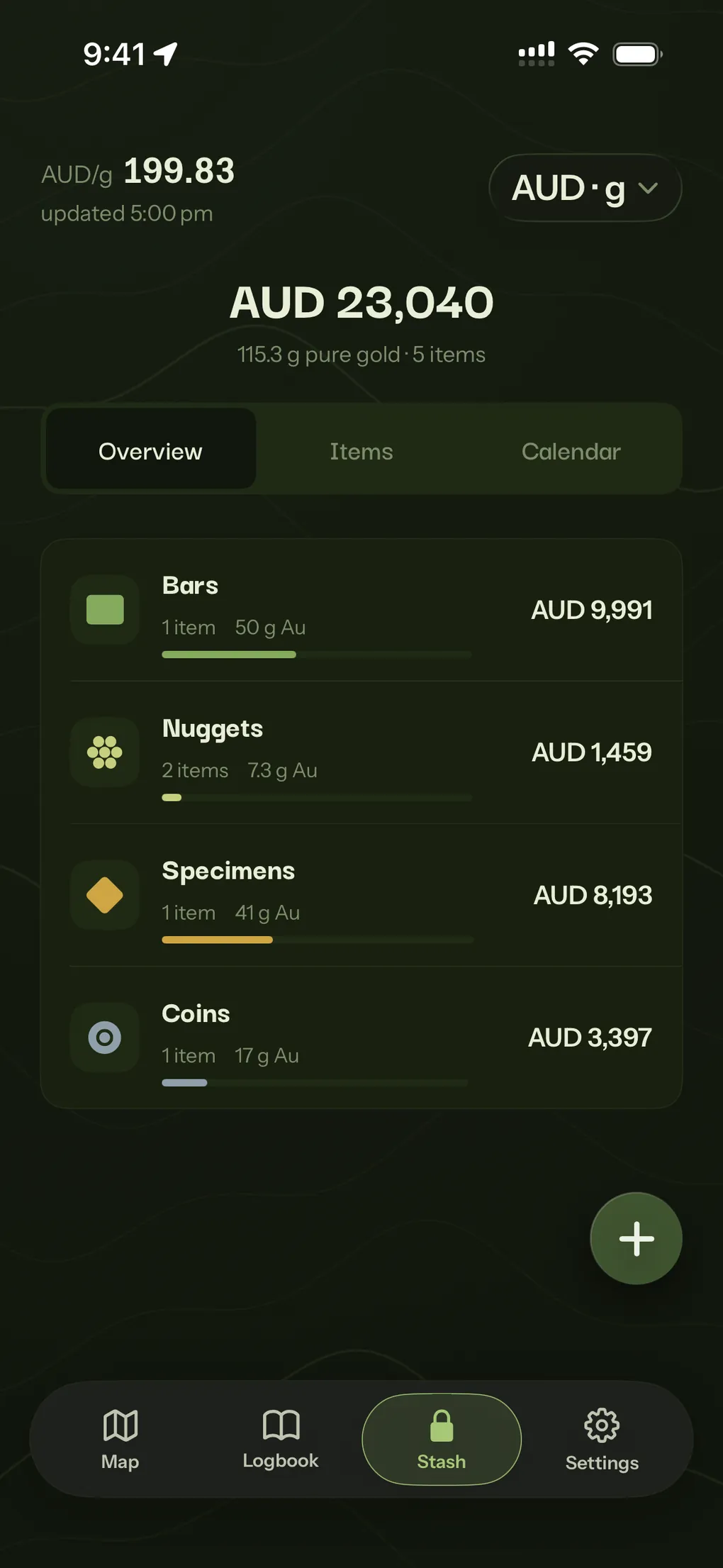 The Stash overview totalling AUD 23,040 across bars, nuggets, specimens and coins.